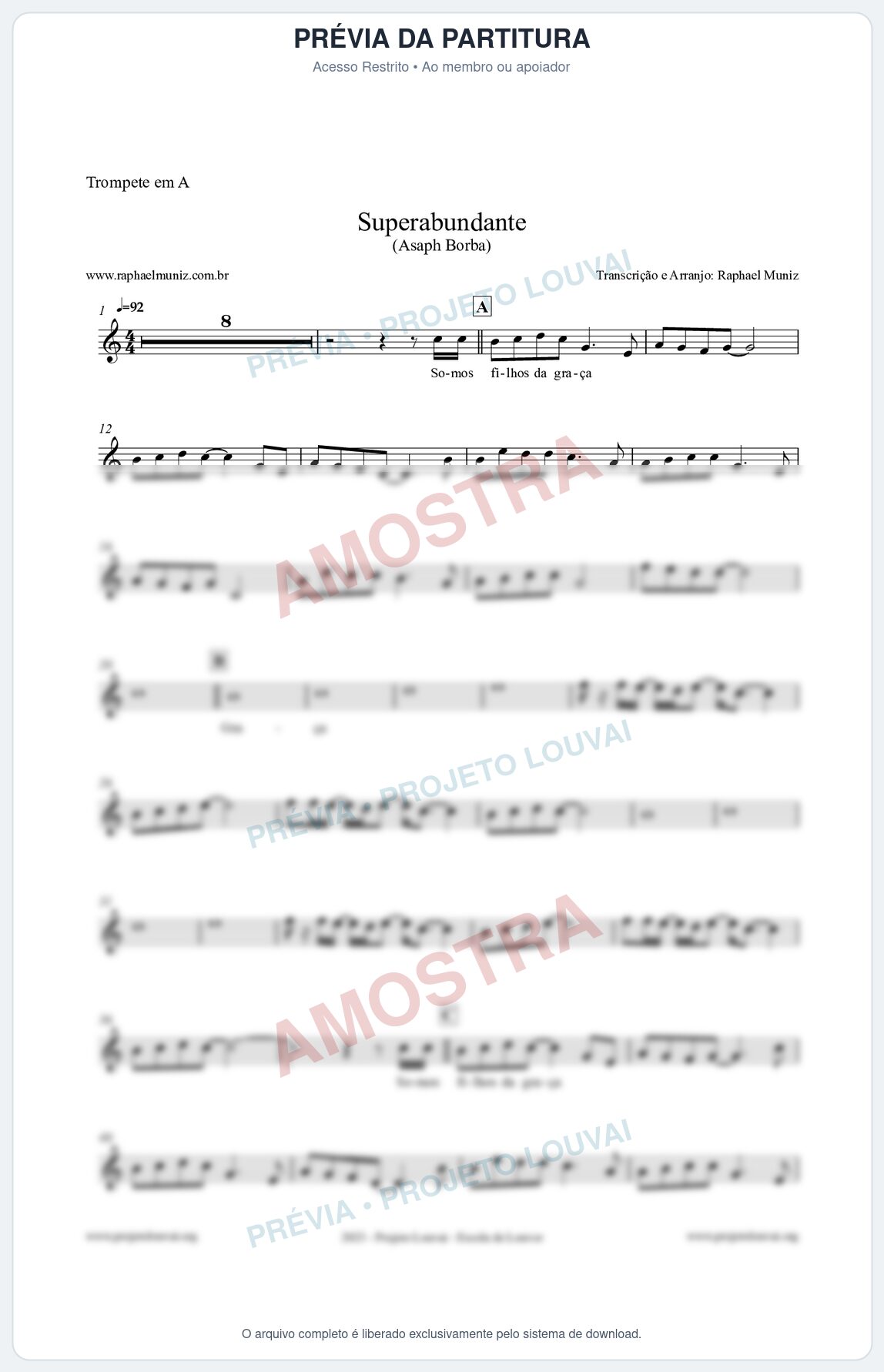 Prévia protegida da primeira página da partitura Partitura para Trompete em A - Superabundante - Asaph Borba