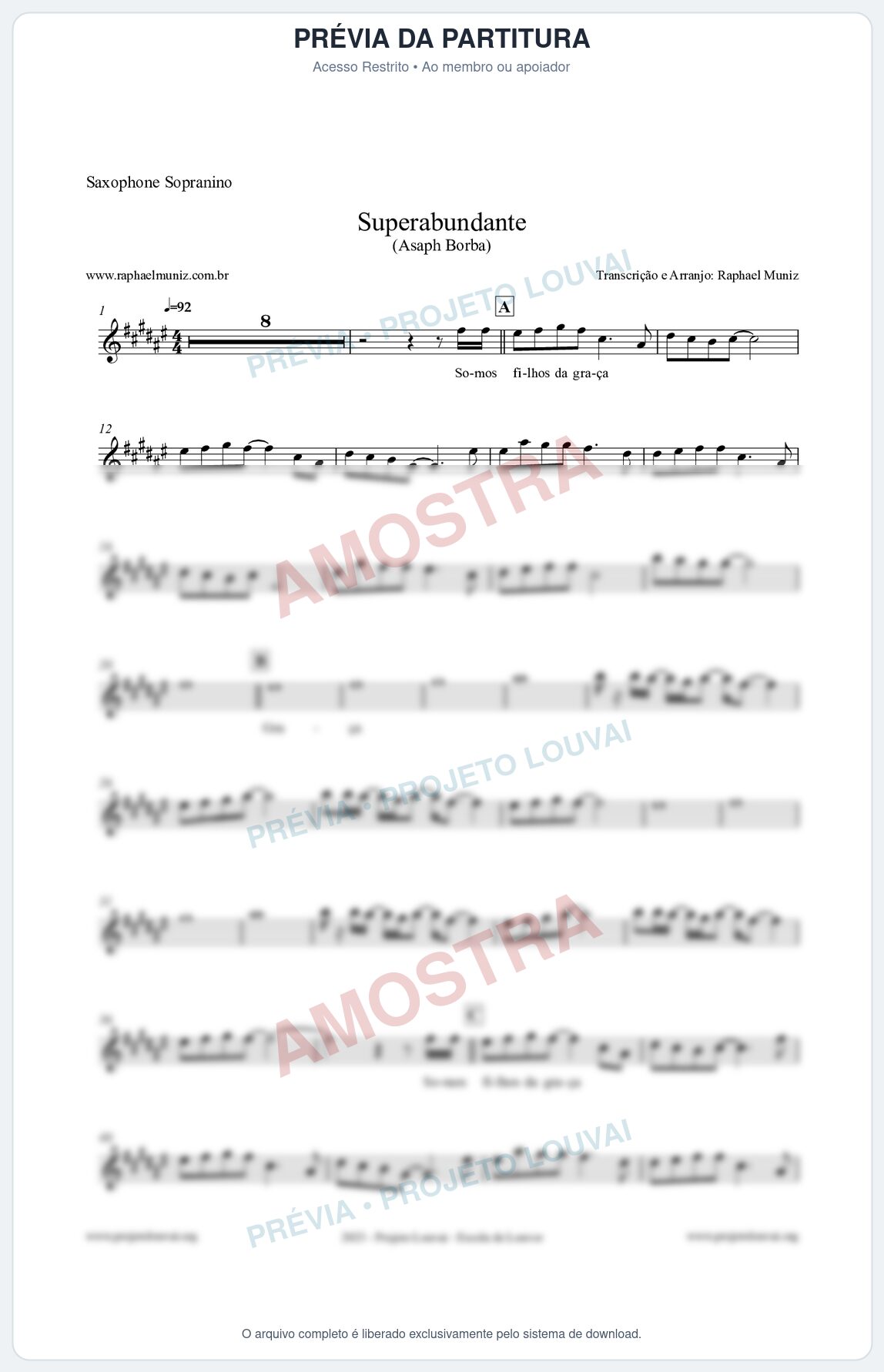 Prévia protegida da primeira página da partitura Partitura para Saxophone Sopranino - Superabundante - Asaph Borba