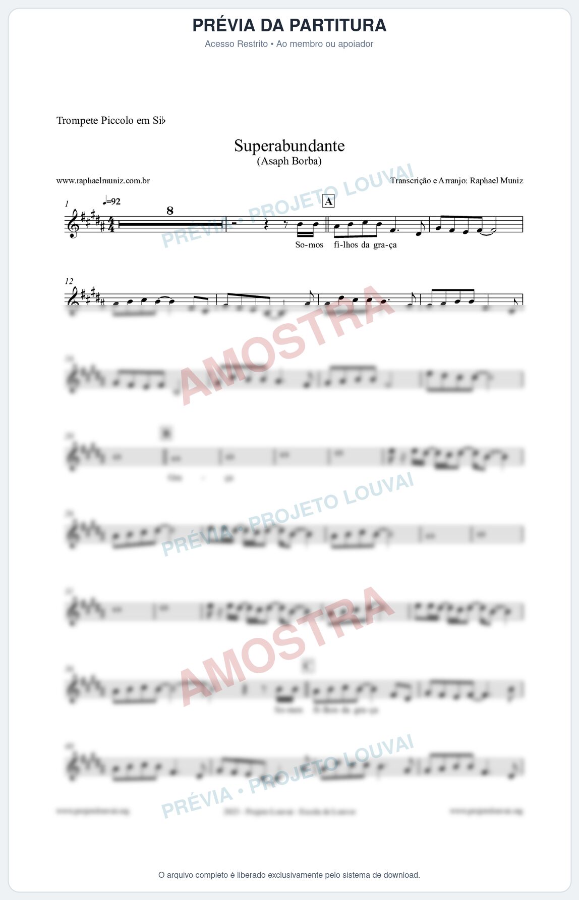 Prévia protegida da primeira página da partitura Partitura para Trompete Piccolo em Sib - Superabundante - Asaph Borba