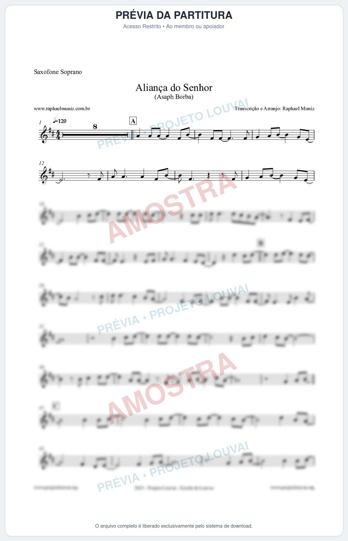Prévia protegida da primeira página da partitura Partitura para Saxofone Soprano - Aliança do Senhor - Asaph Borba
