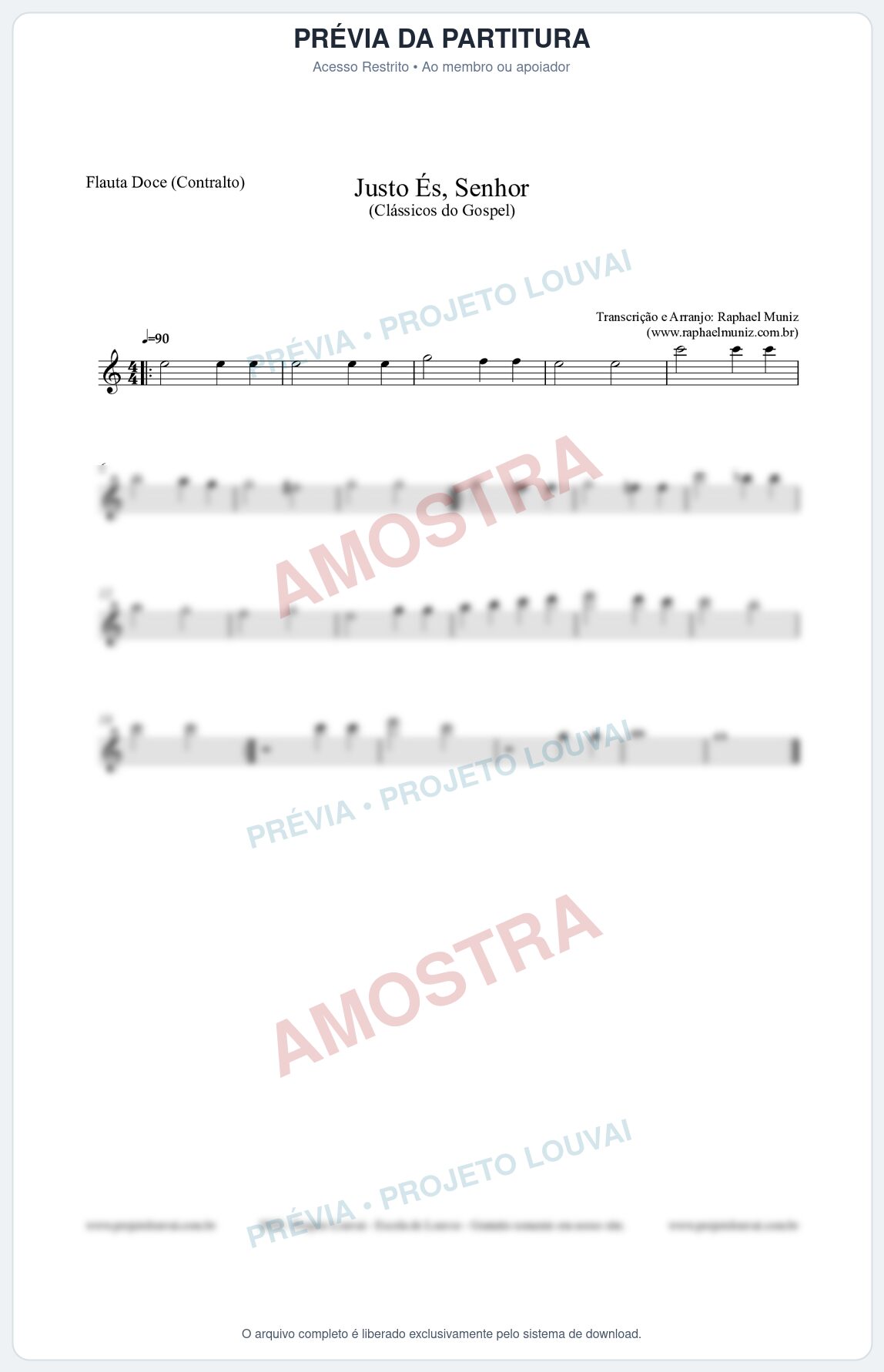 Prévia protegida da primeira página da partitura Partitura para Flauta Doce (Contralto) - Justo És Senhor - Cantor Cristão nº2 - Clássicos do Gospel