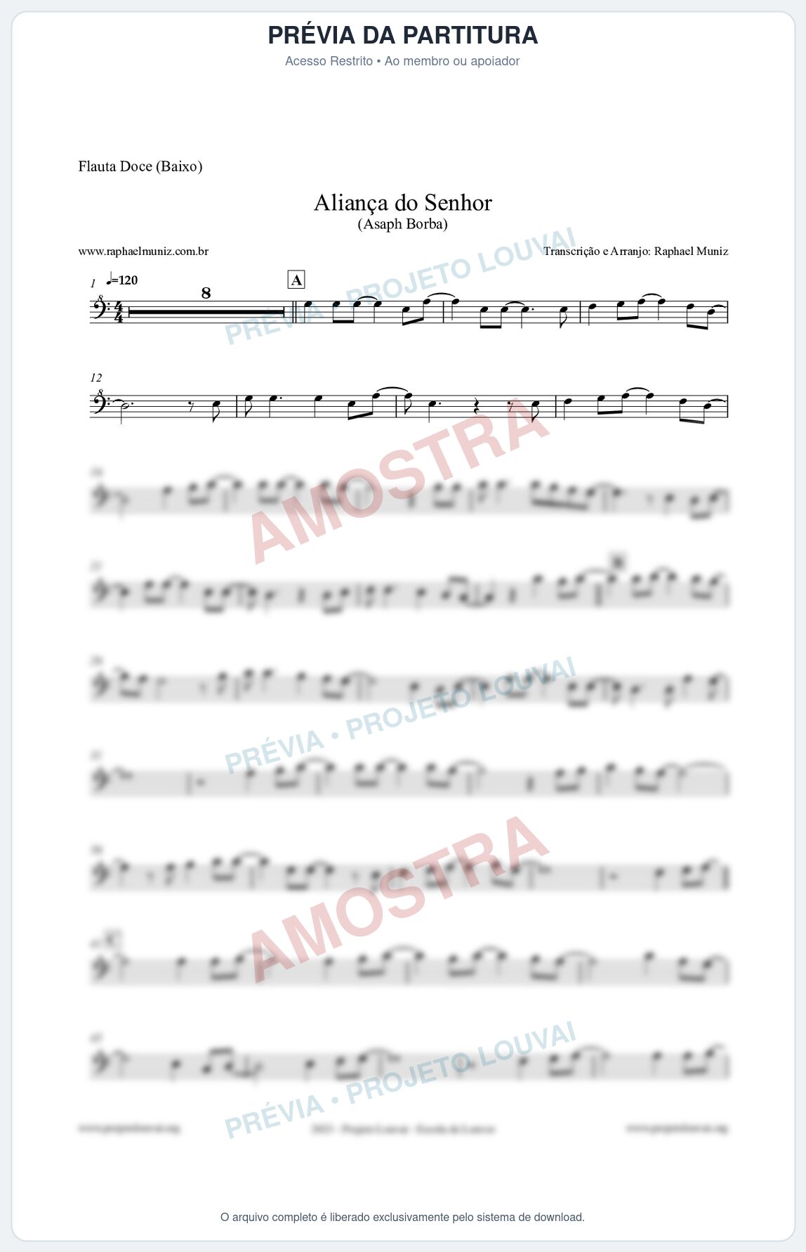 Prévia protegida da primeira página da partitura Partitura para Flauta Doce (Baixo) - Aliança do Senhor - Asaph Borba