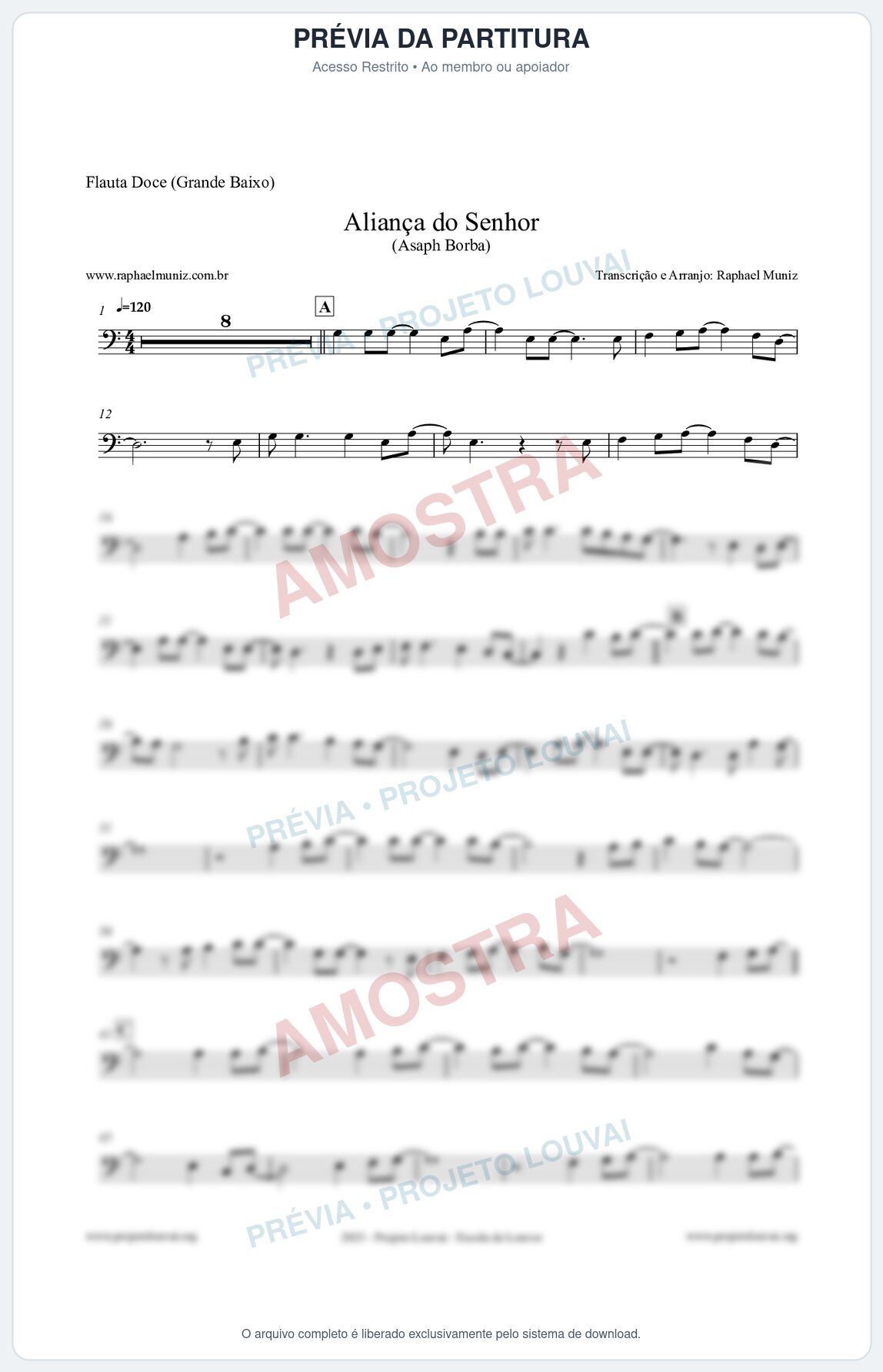 Prévia protegida da primeira página da partitura Partitura para Flauta Doce (Grande Baixo) - Aliança do Senhor - Asaph Borba