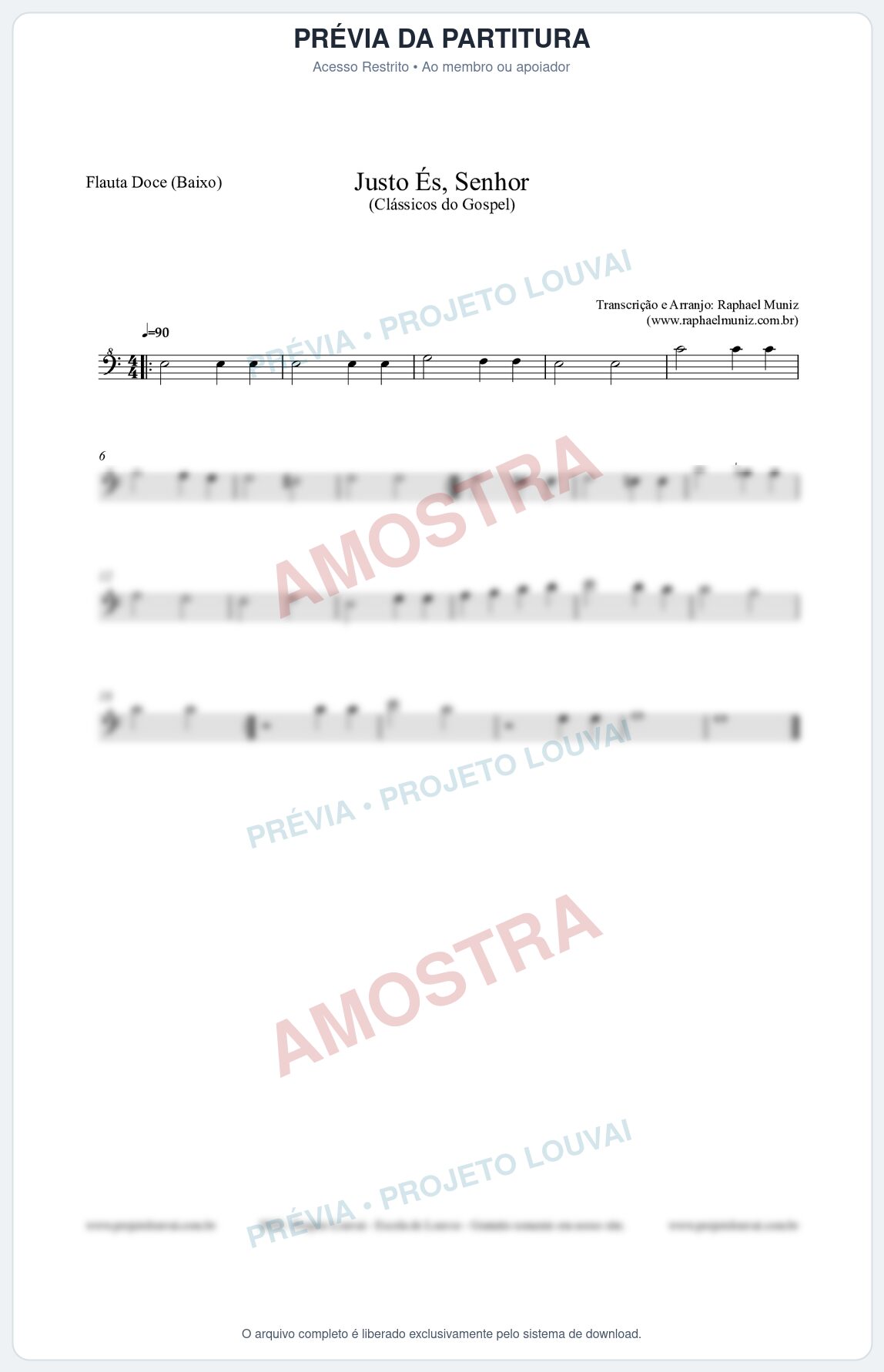 Prévia protegida da primeira página da partitura Partitura para Flauta Doce (Baixo) - Justo És Senhor - Cantor Cristão nº2 - Clássicos do Gospel