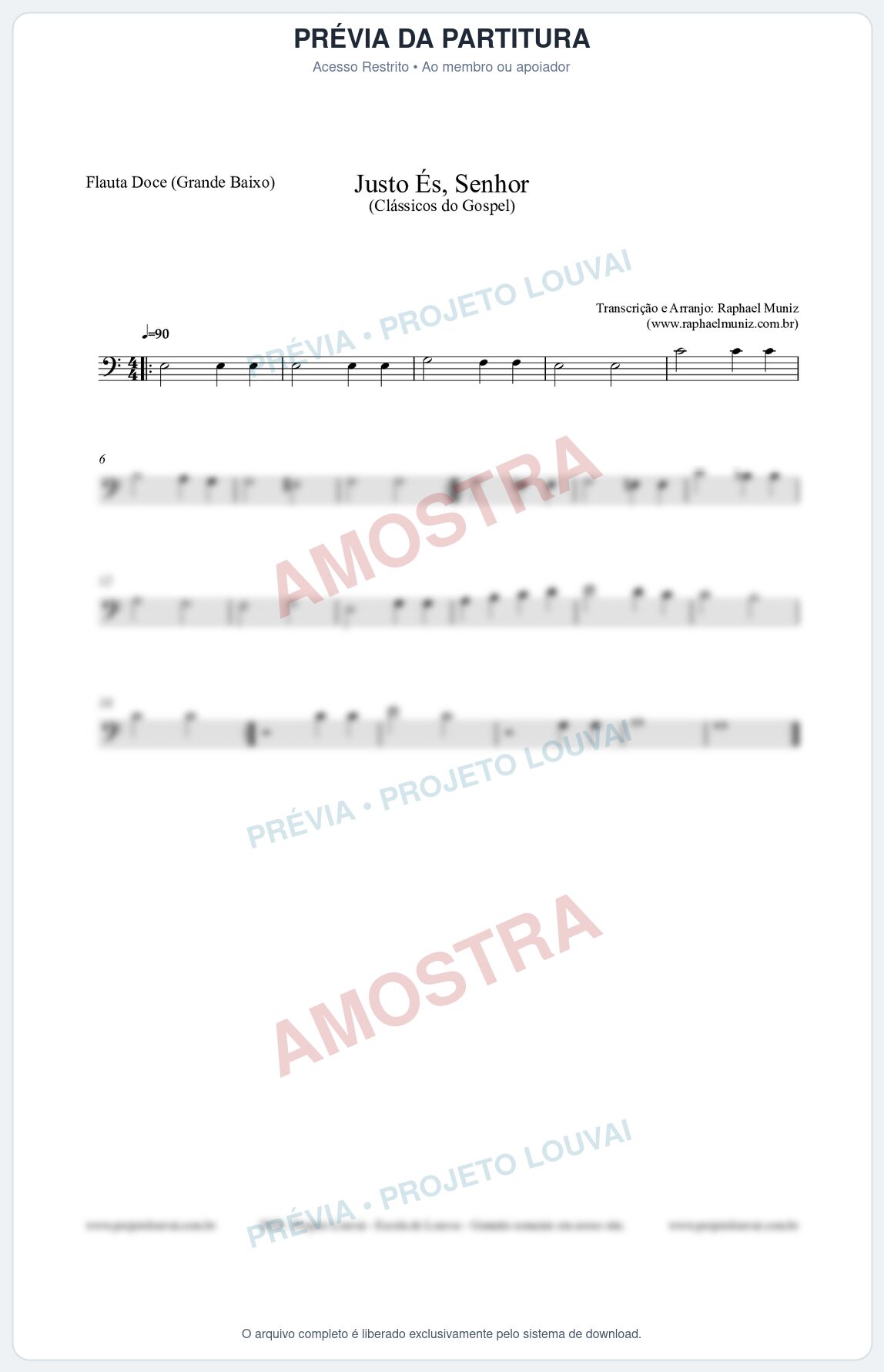 Prévia protegida da primeira página da partitura Partitura para Flauta Doce (Grande Baixo) - Justo És Senhor - Cantor Cristão nº2 - Clássicos do Gospel