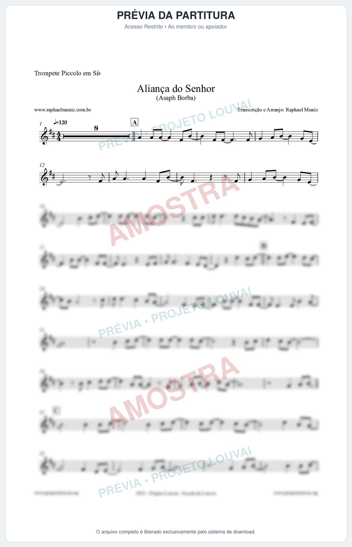 Prévia protegida da primeira página da partitura Partitura para Trompete Piccolo em Sib - Aliança do Senhor - Asaph Borba
