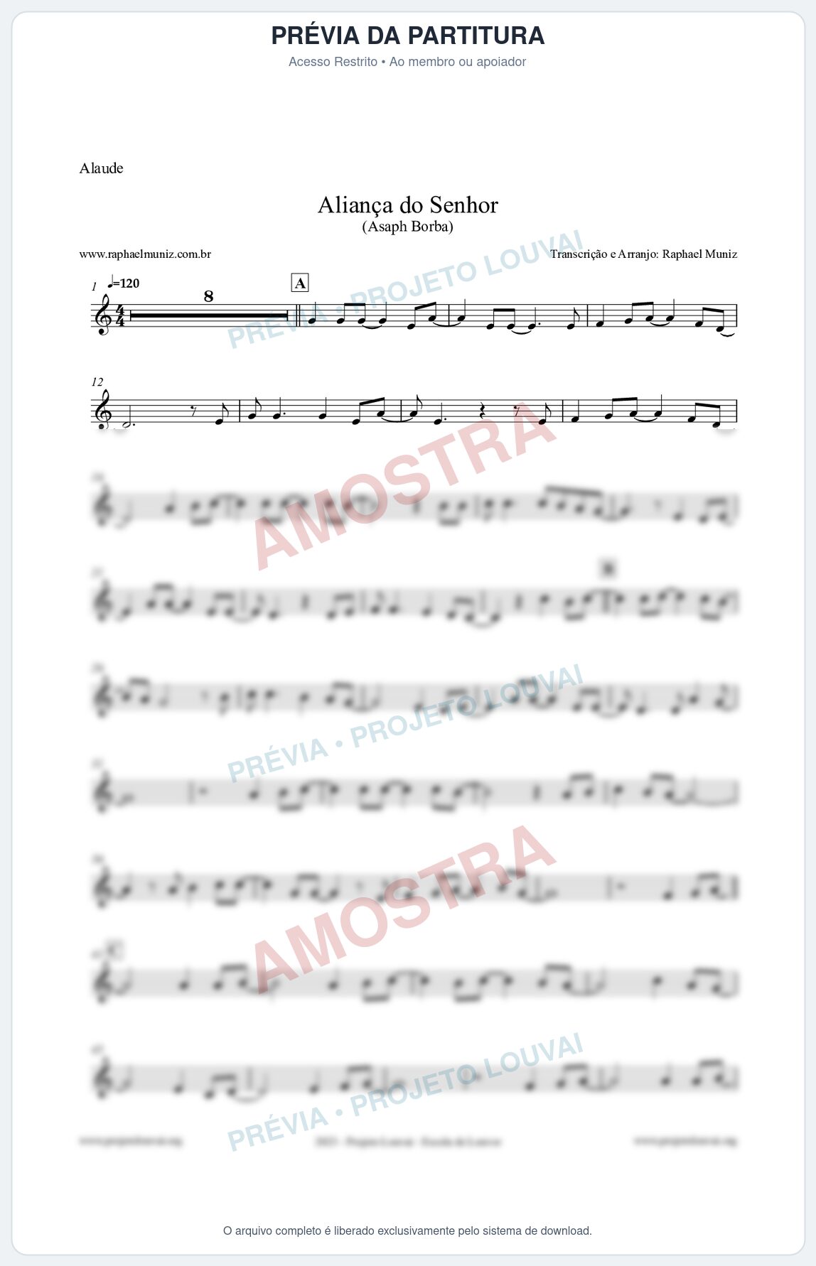 Prévia protegida da primeira página da partitura Partitura para Alaúde - Aliança do Senhor - Asaph Borba