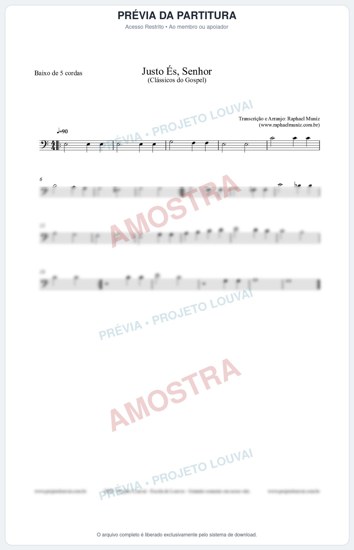 Prévia protegida da primeira página da partitura Partitura para Baixo de 5 cordas - Justo És Senhor - Cantor Cristão nº2 - Clássicos do Gospel