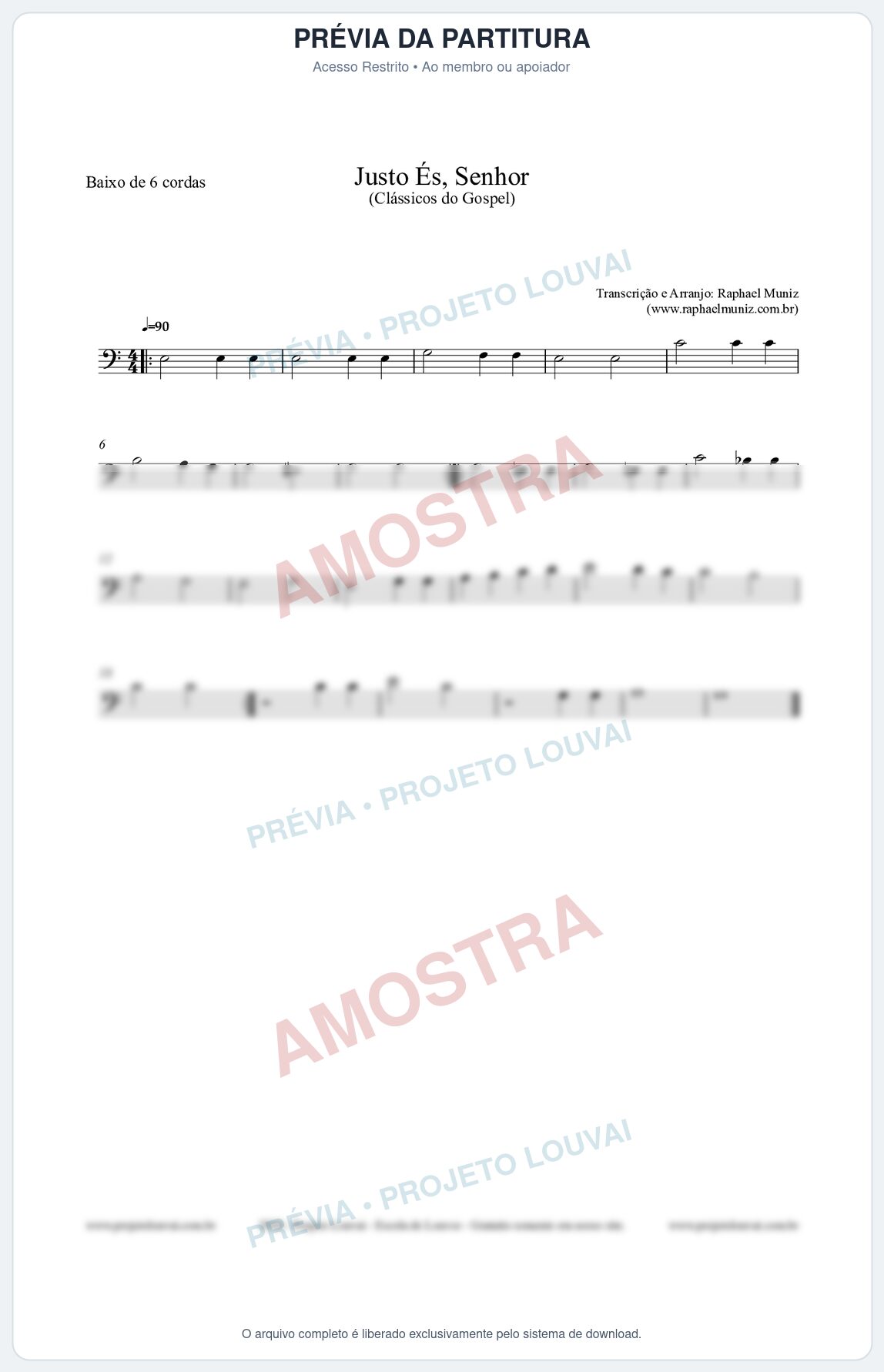 Prévia protegida da primeira página da partitura Partitura para Baixo de 6 cordas - Justo És Senhor - Cantor Cristão nº2 - Clássicos do Gospel