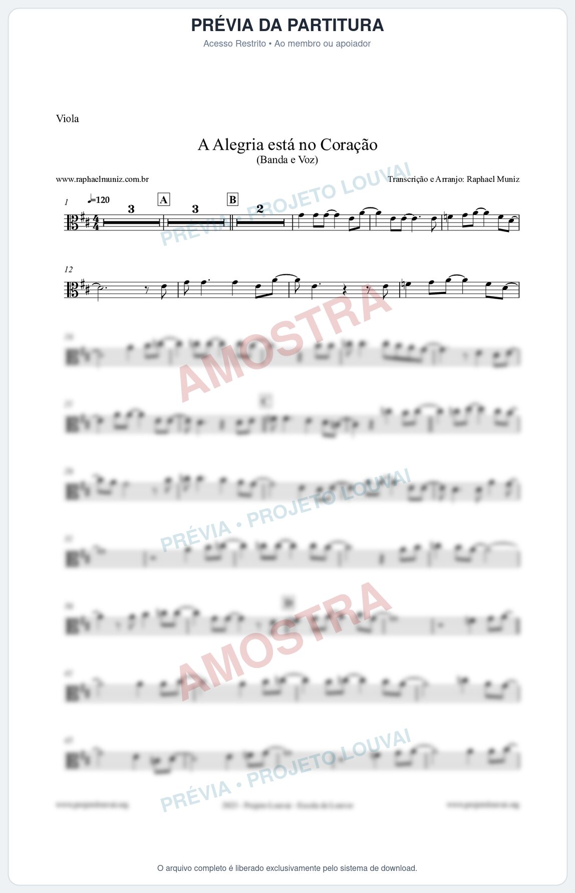 Prévia protegida da primeira página da partitura Partitura para Viola - A Alegria Está no Coração - Banda e Voz