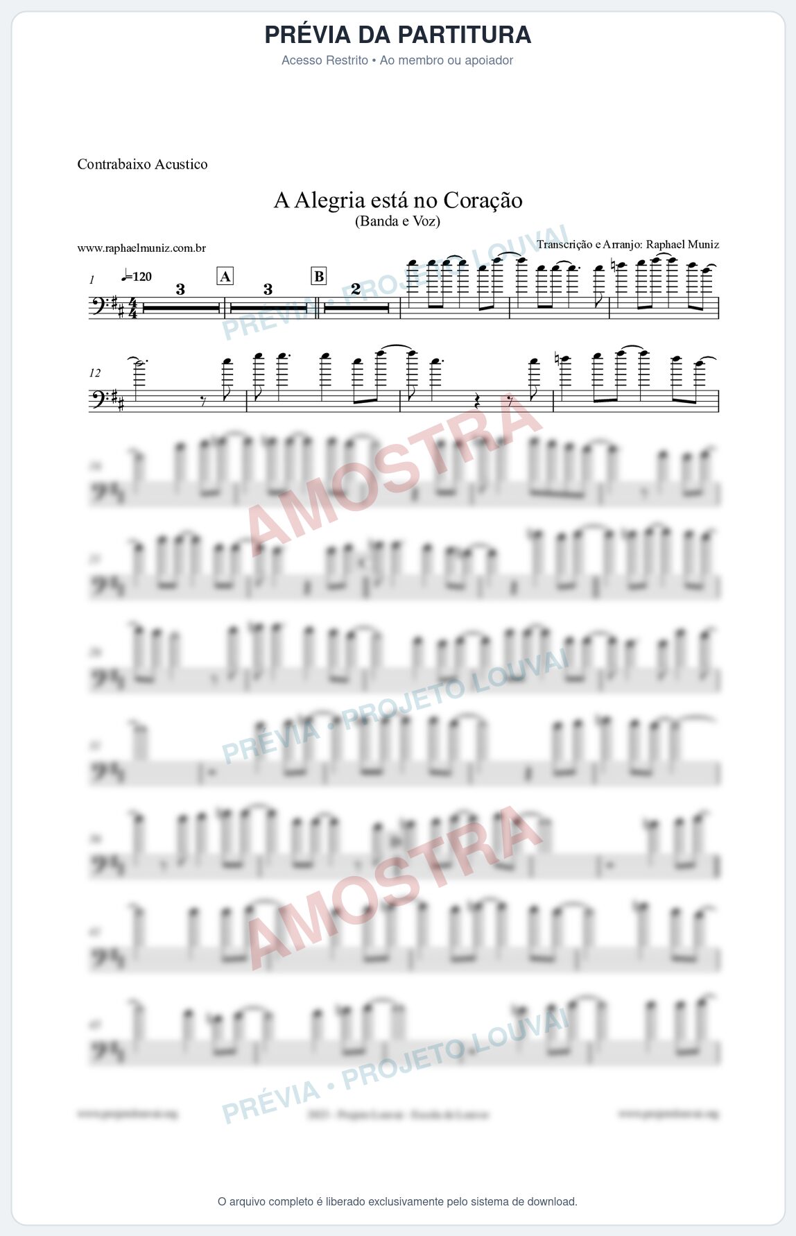 Prévia protegida da primeira página da partitura Partitura para Contrabaixo Acústico - A Alegria Está no Coração - Banda e Voz