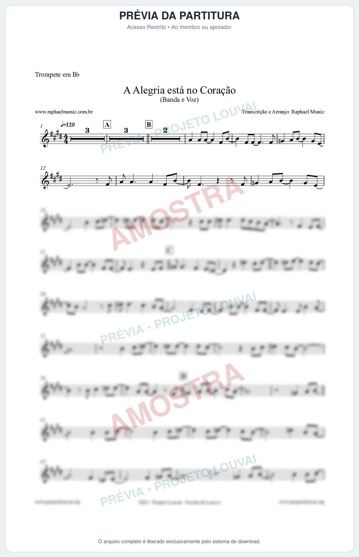 Prévia protegida da primeira página da partitura Partitura para Trompete em Bb - A Alegria Está no Coração - Banda e Voz