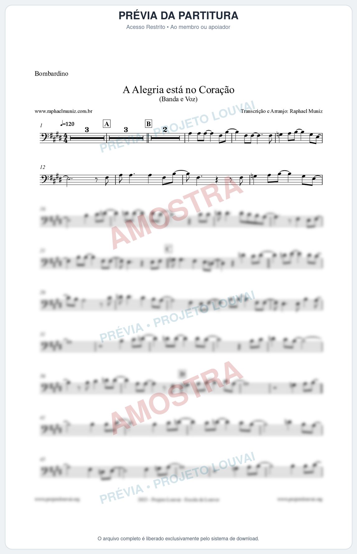 Prévia protegida da primeira página da partitura Partitura para Bombardino - A Alegria Está no Coração - Banda e Voz