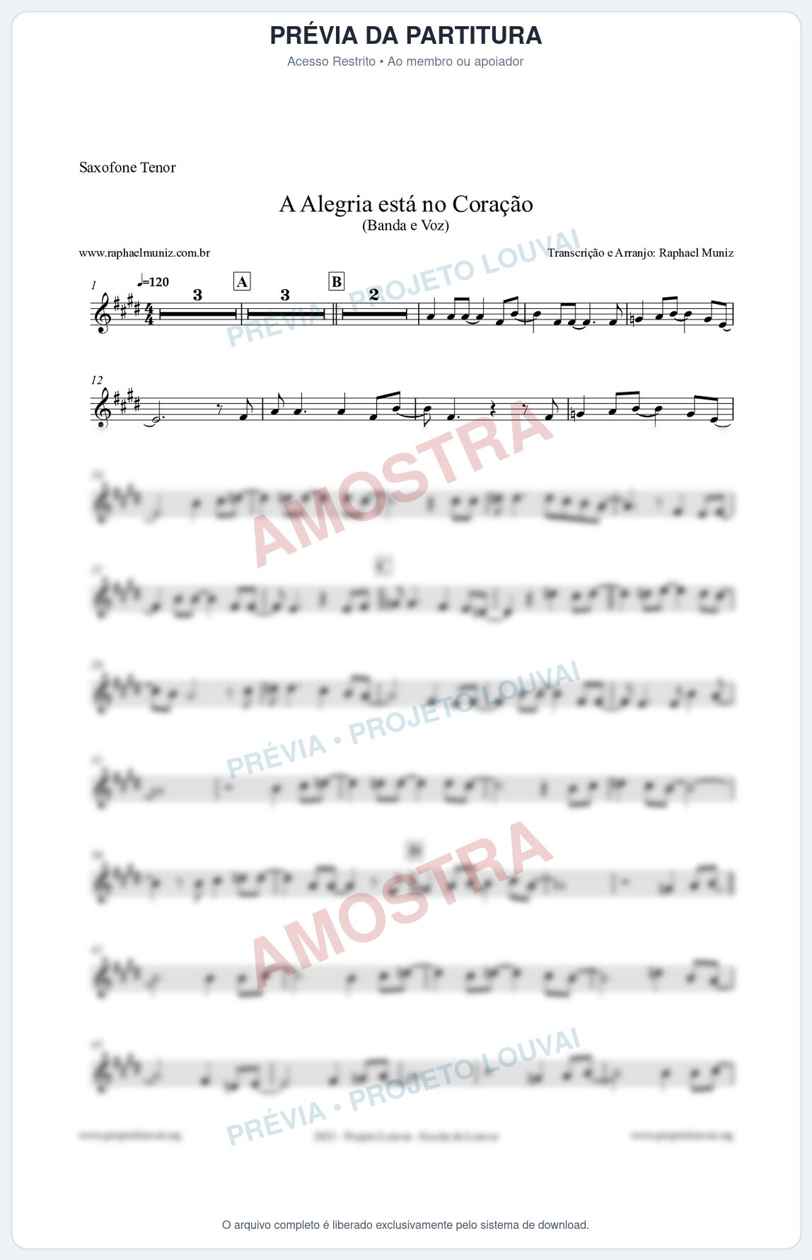 Prévia protegida da primeira página da partitura Partitura para Saxofone Tenor - A Alegria Está no Coração - Banda e Voz