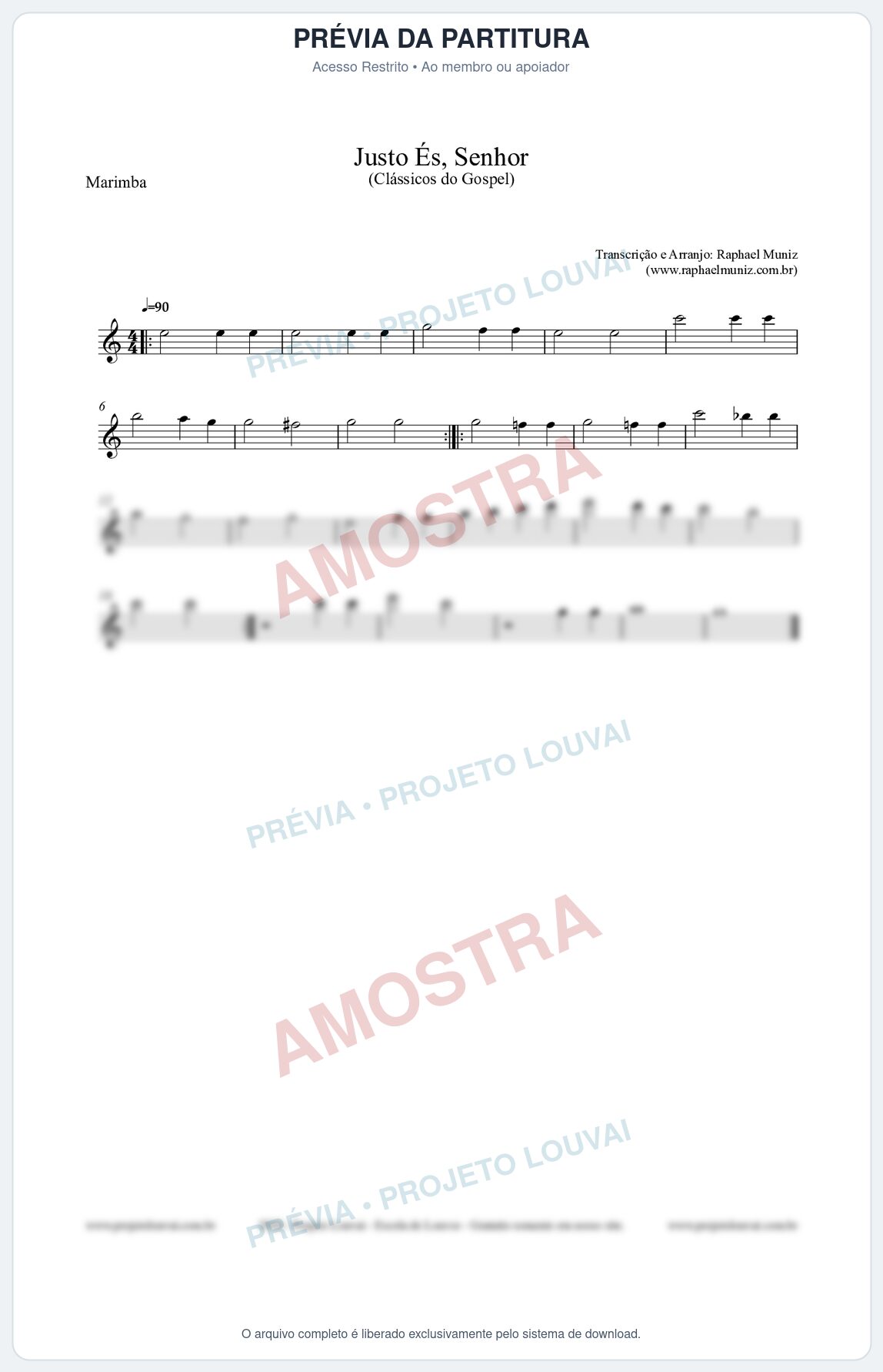Prévia protegida da primeira página da partitura Partitura para Marimba - Justo És Senhor - Cantor Cristão nº2 - Clássicos do Gospel