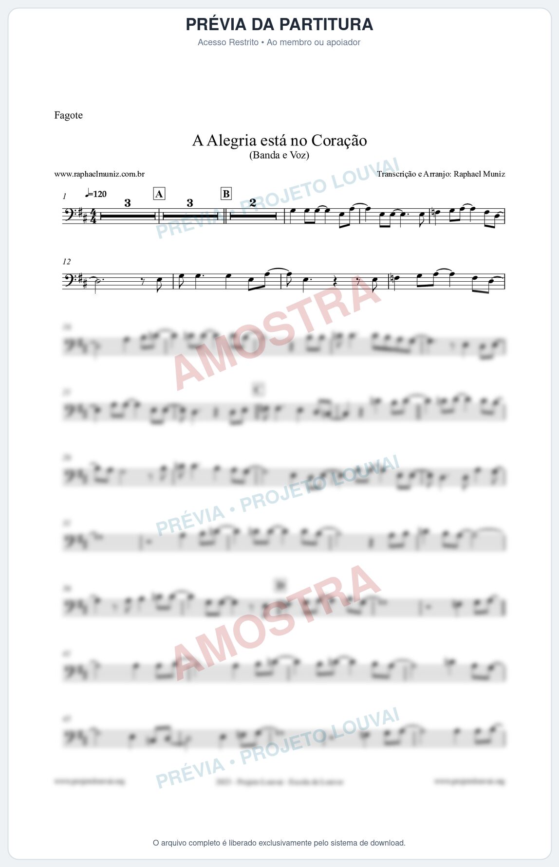 Prévia protegida da primeira página da partitura Partitura para Fagote - A Alegria Está no Coração - Banda e Voz