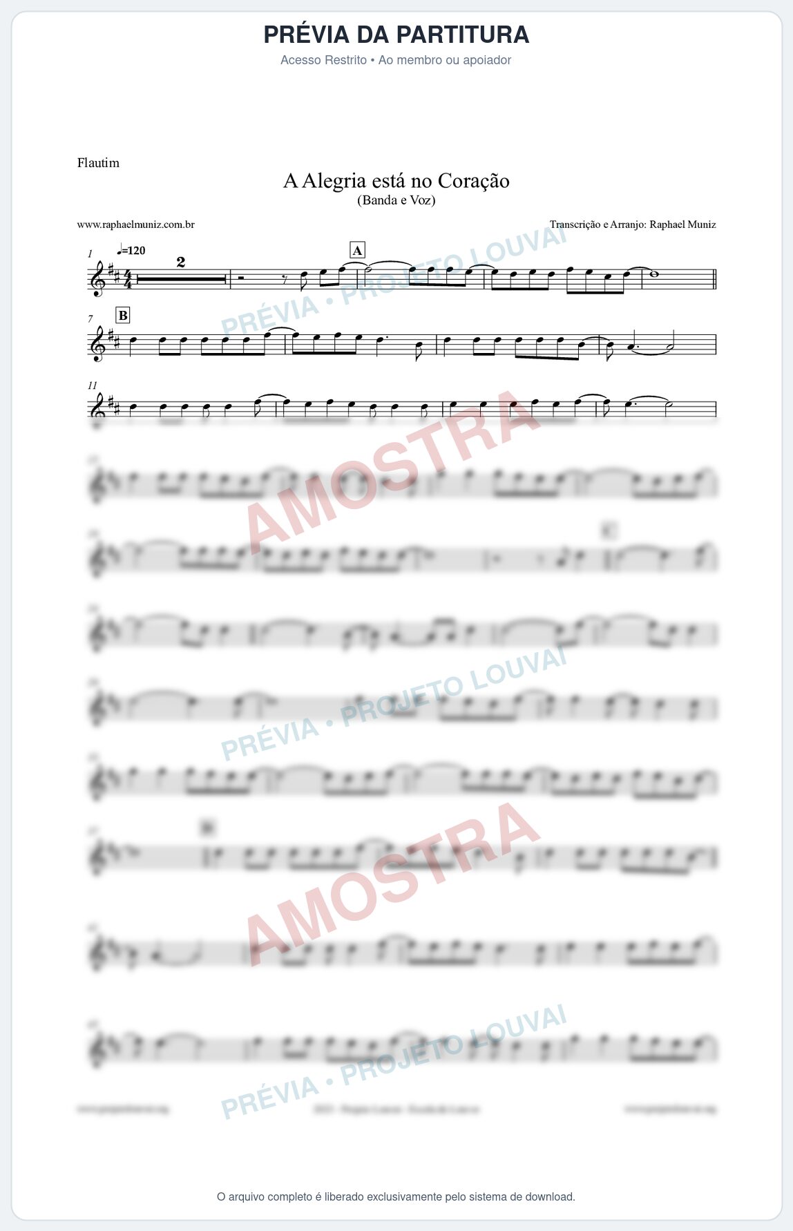 Prévia protegida da primeira página da partitura Partitura para Flautim - A Alegria Está no Coração - Banda e Voz