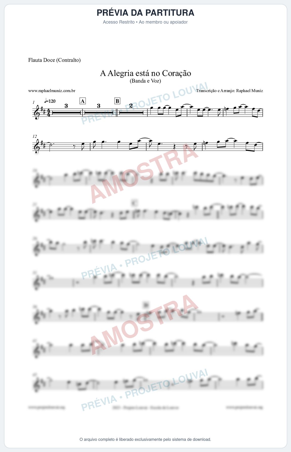 Prévia protegida da primeira página da partitura Partitura para Flauta Doce (Contralto) - A Alegria Está no Coração - Banda e Voz