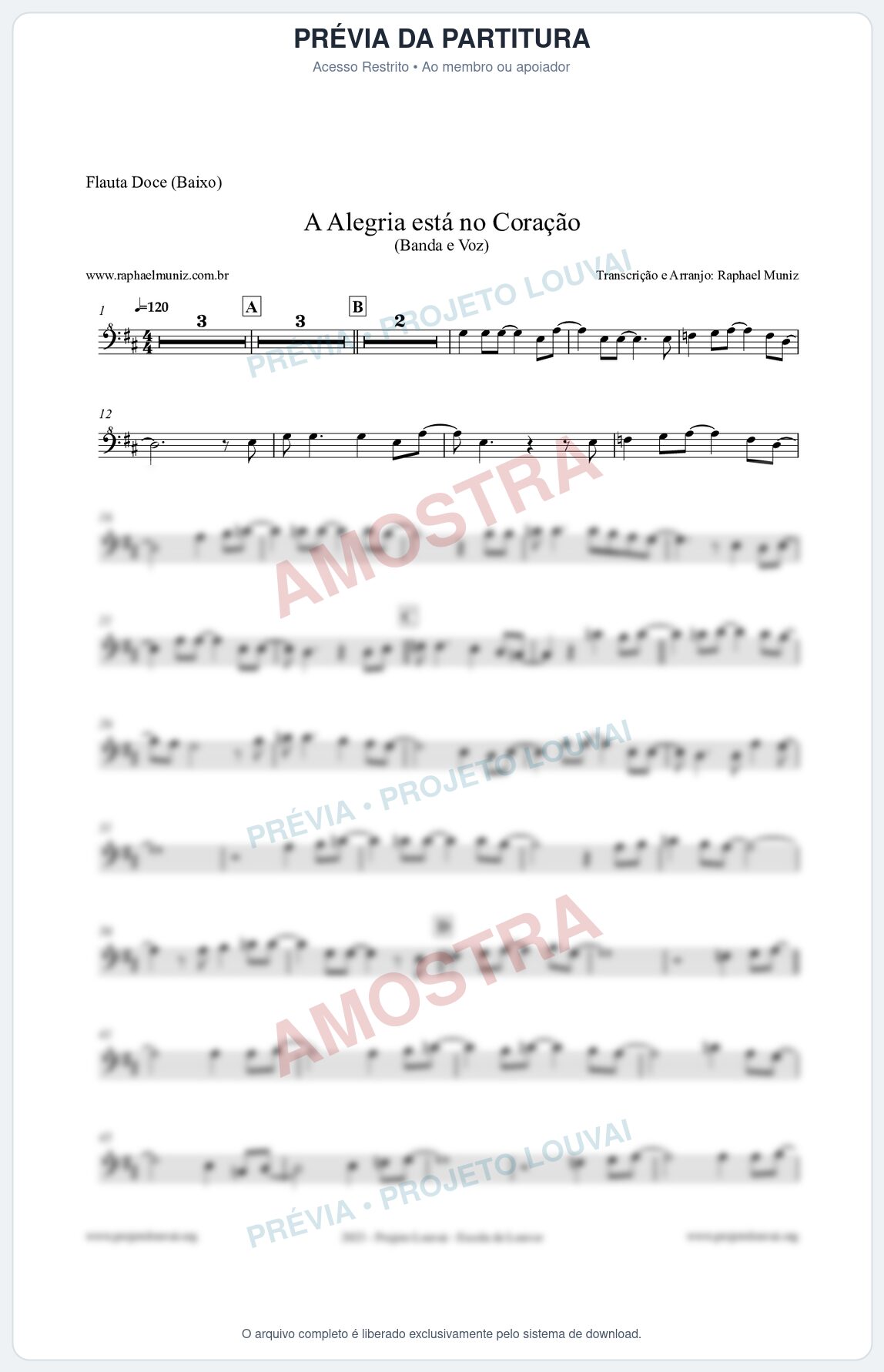Prévia protegida da primeira página da partitura Partitura para Flauta Doce (Baixo) - A Alegria Está no Coração - Banda e Voz