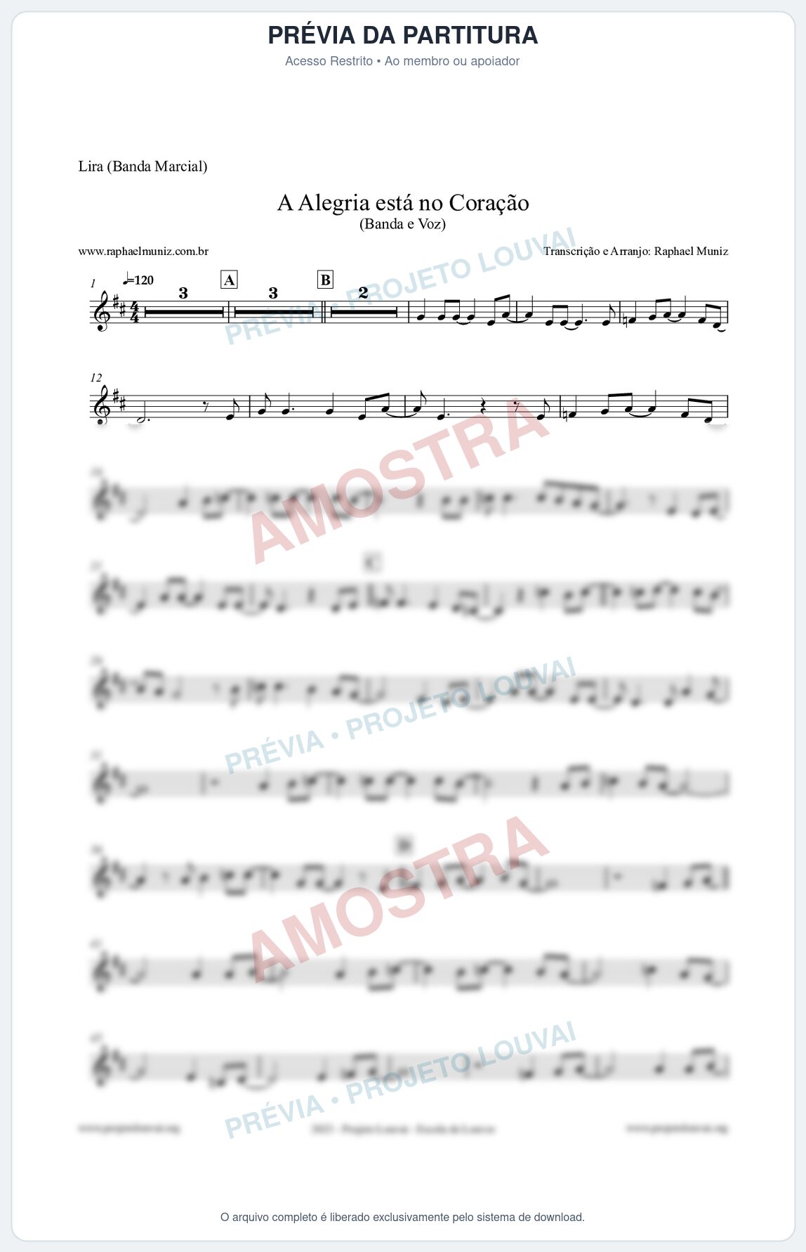Prévia protegida da primeira página da partitura Partitura para Lira (Banda Marcial) - A Alegria Está no Coração - Banda e Voz