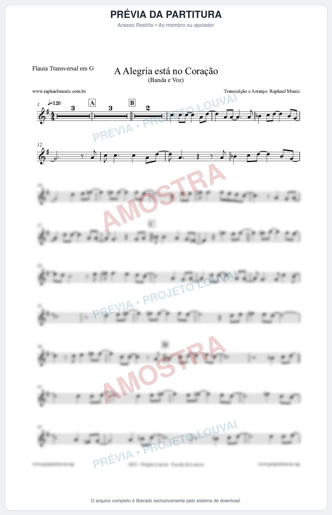 Prévia protegida da primeira página da partitura Partitura para Flauta Transversal em G - A Alegria Está no Coração - Banda e Voz