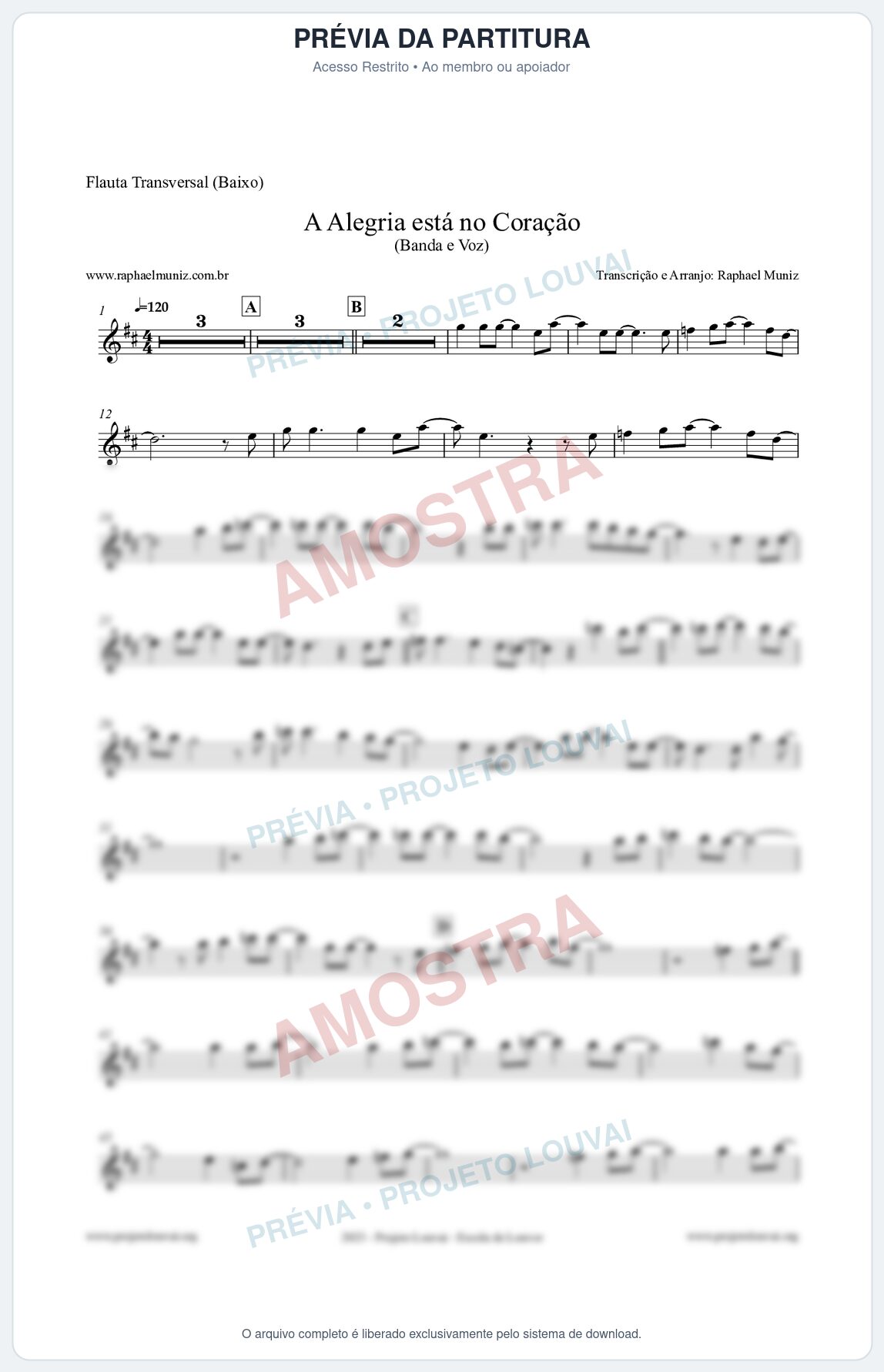 Prévia protegida da primeira página da partitura Partitura para Flauta Transversal (Baixo) - A Alegria Está no Coração - Banda e Voz