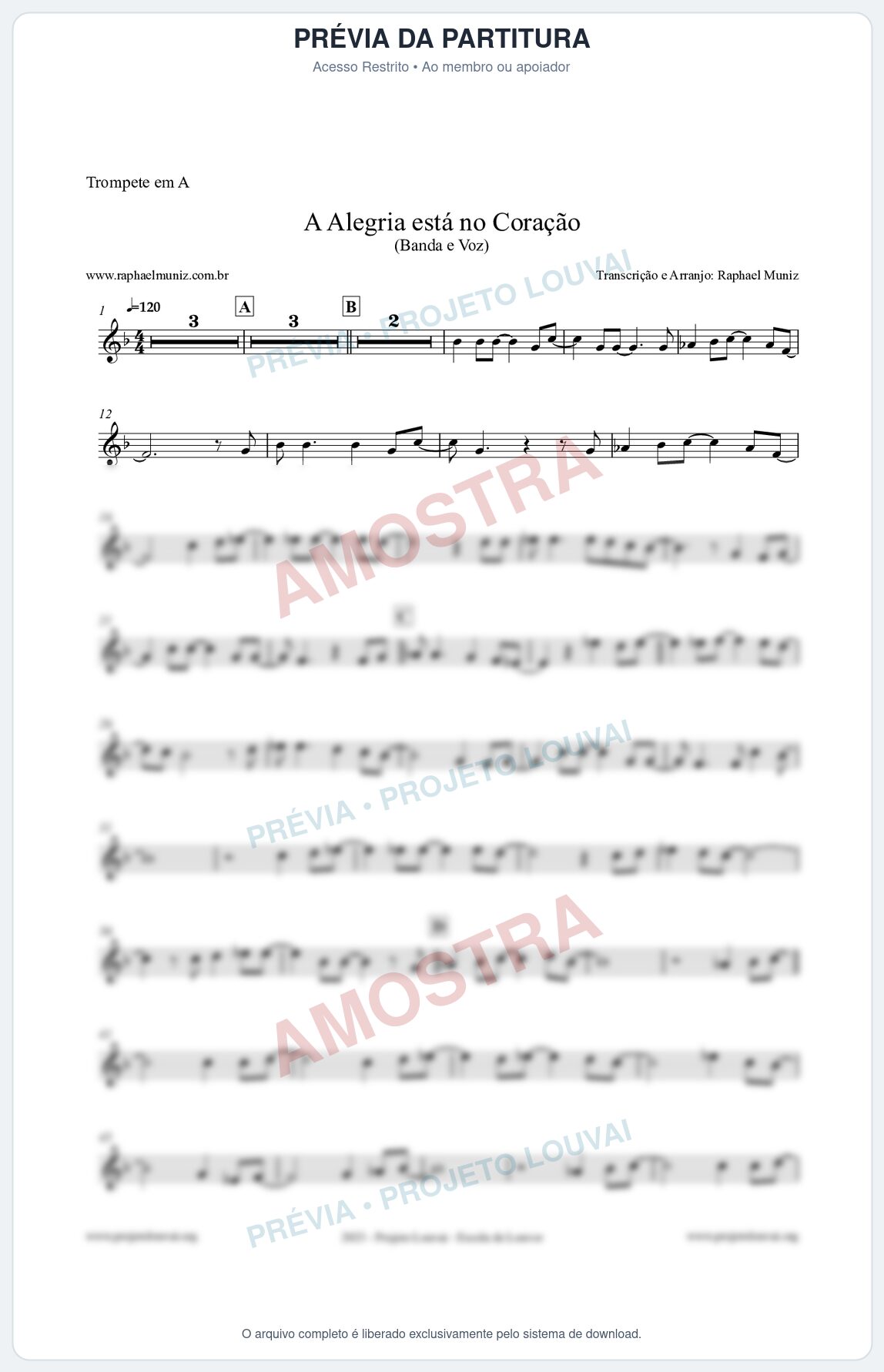 Prévia protegida da primeira página da partitura Partitura para Trompete em A - A Alegria Está no Coração - Banda e Voz