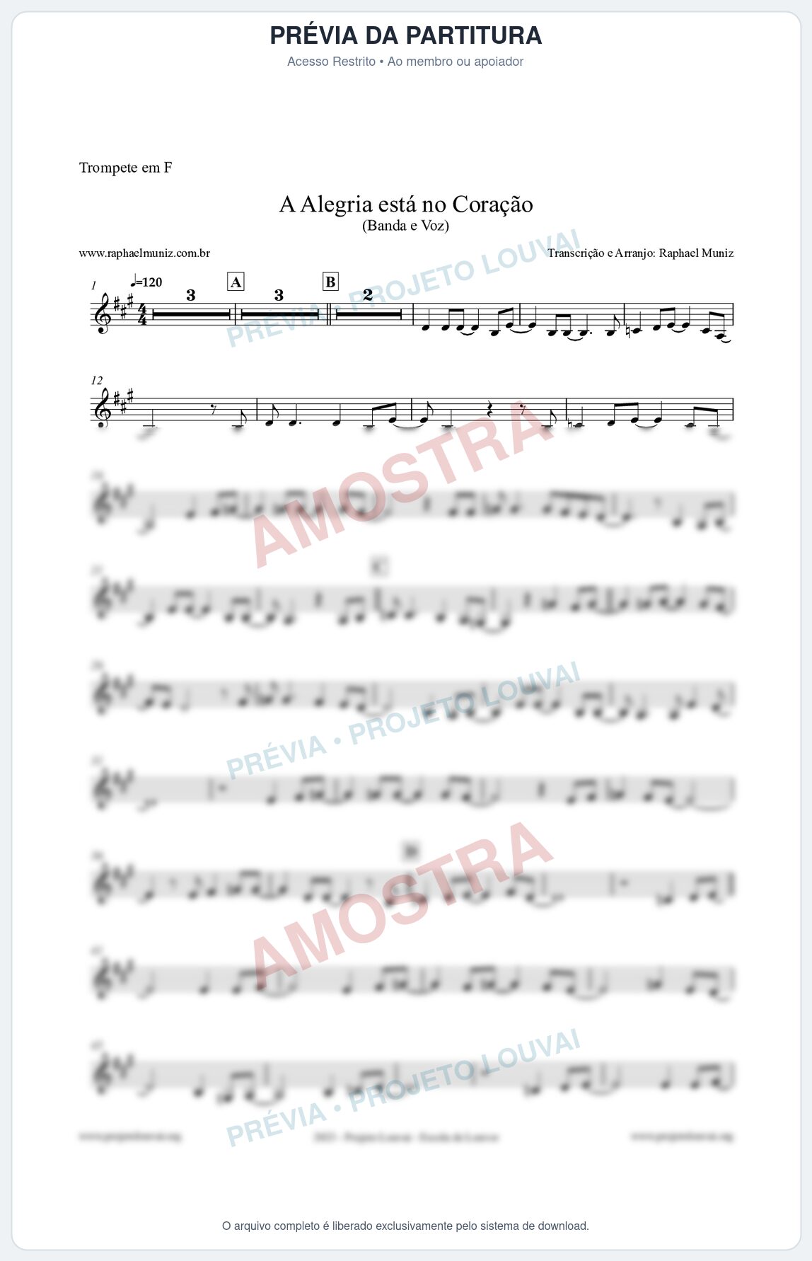 Prévia protegida da primeira página da partitura Partitura para Trompete em F - A Alegria Está no Coração - Banda e Voz