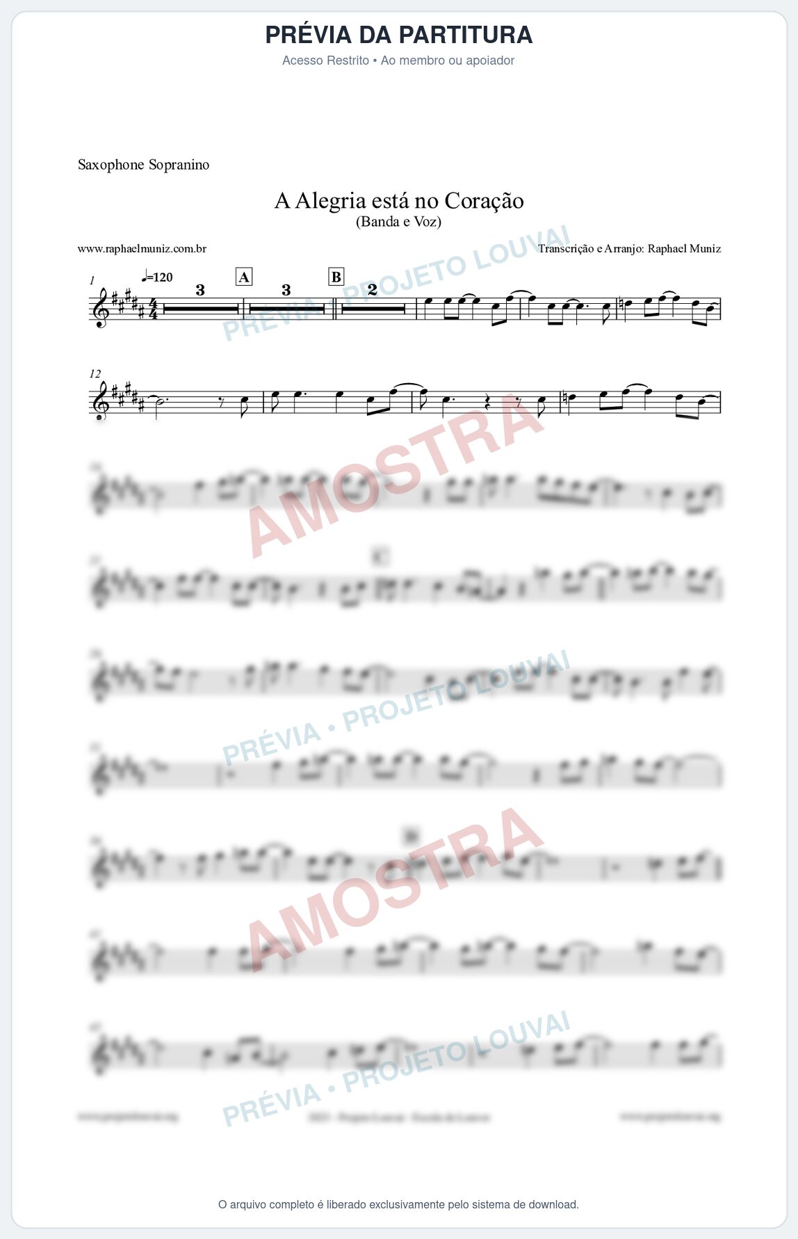 Prévia protegida da primeira página da partitura Partitura para Saxophone Sopranino - A Alegria Está no Coração - Banda e Voz