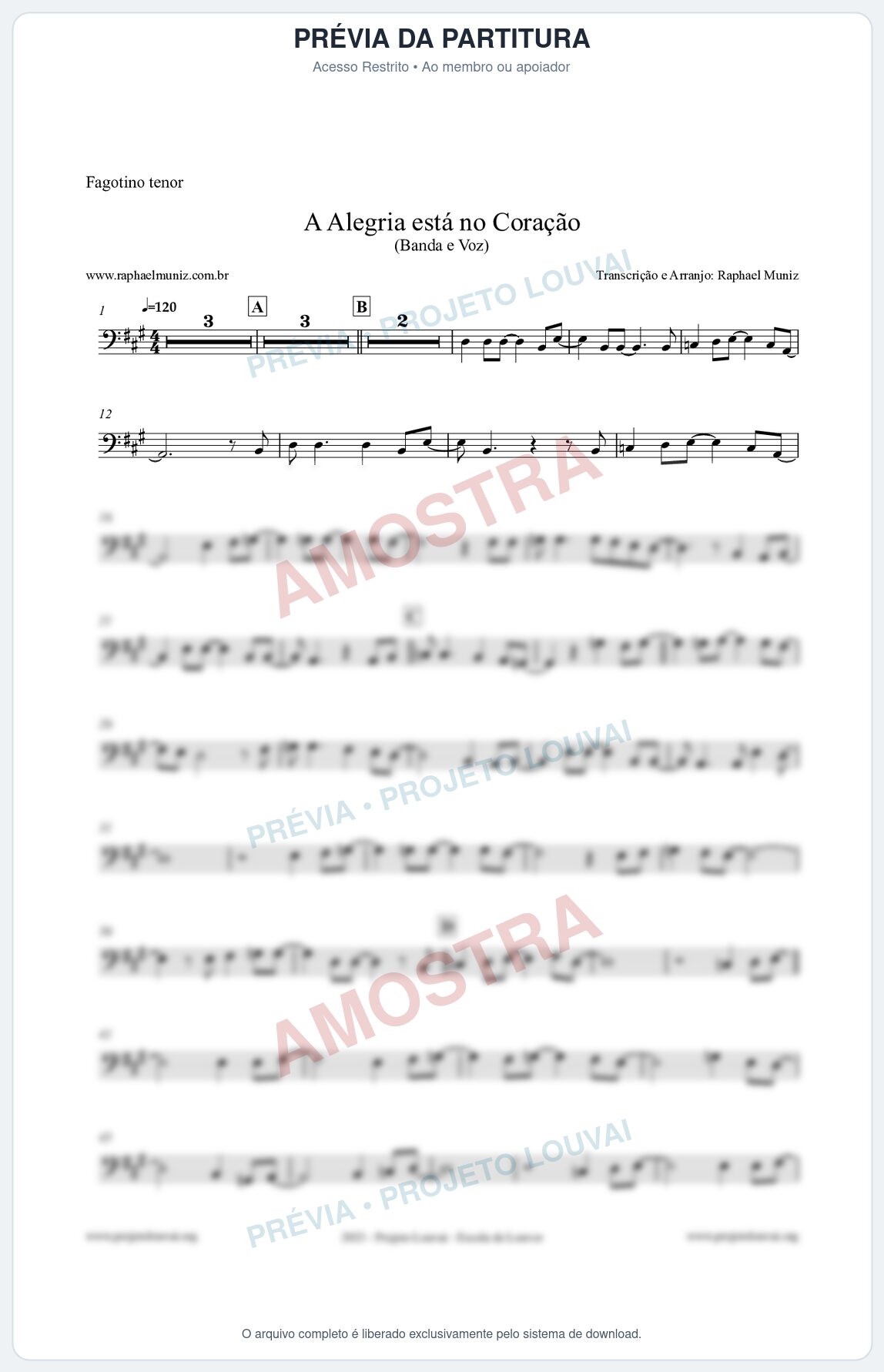 Prévia protegida da primeira página da partitura Partitura para Fagotino tenor - A Alegria Está no Coração - Banda e Voz