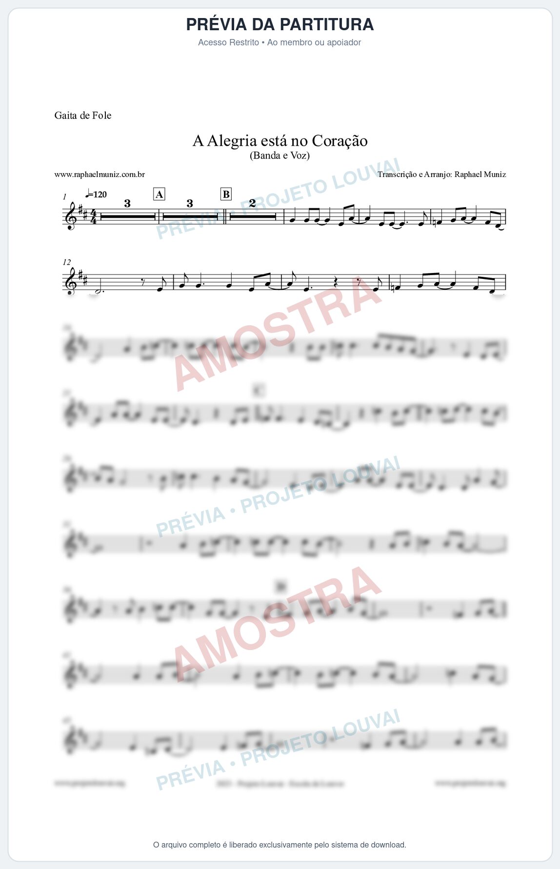 Prévia protegida da primeira página da partitura Partitura para Gaita de Fole - A Alegria Está no Coração - Banda e Voz