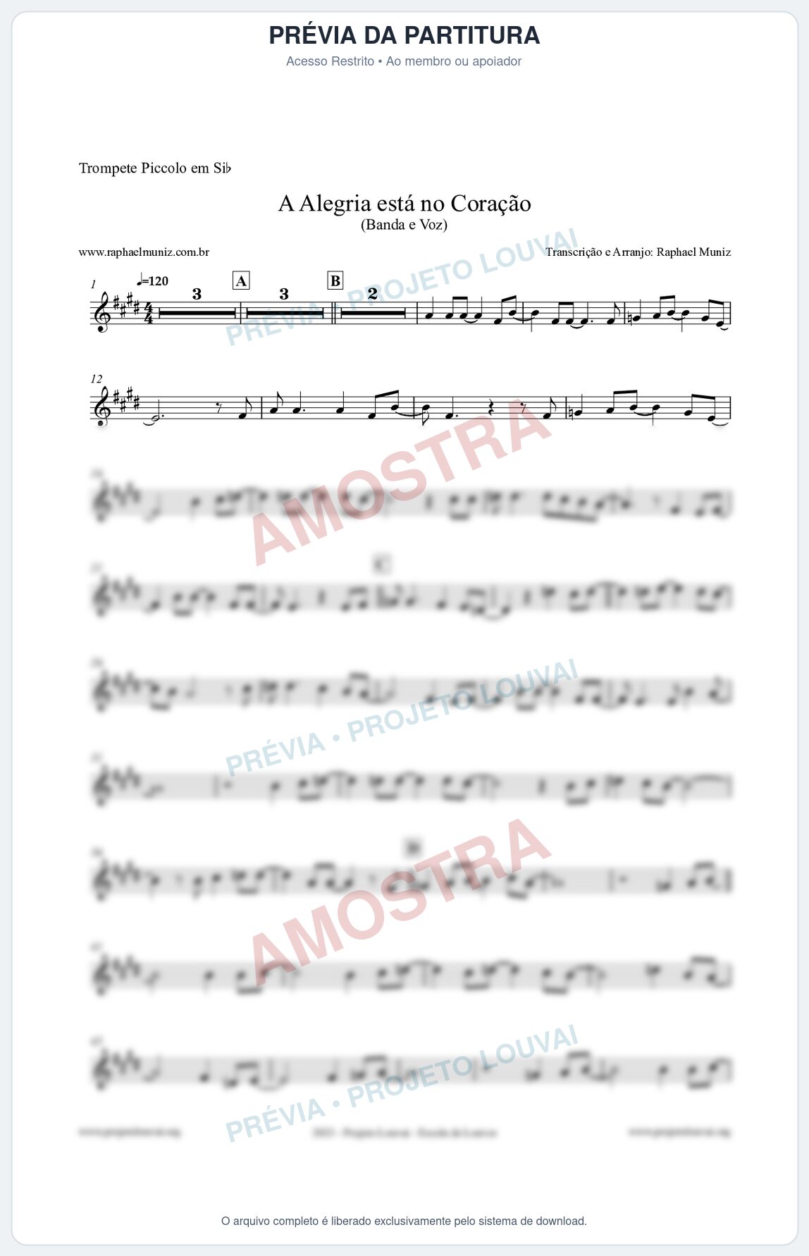 Prévia protegida da primeira página da partitura Partitura para Trompete Piccolo em Sib - A Alegria Está no Coração - Banda e Voz