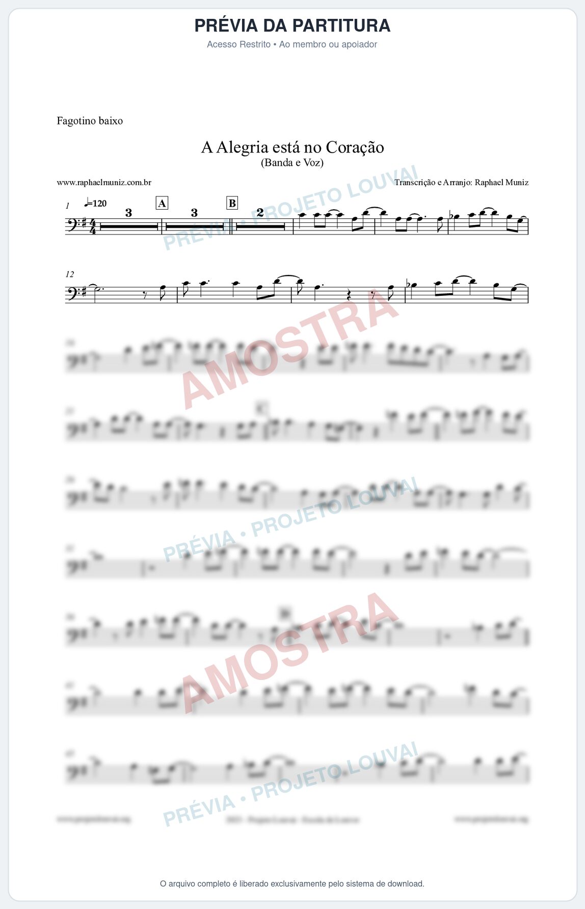 Prévia protegida da primeira página da partitura Partitura para Fagotino baixo - A Alegria Está no Coração - Banda e Voz