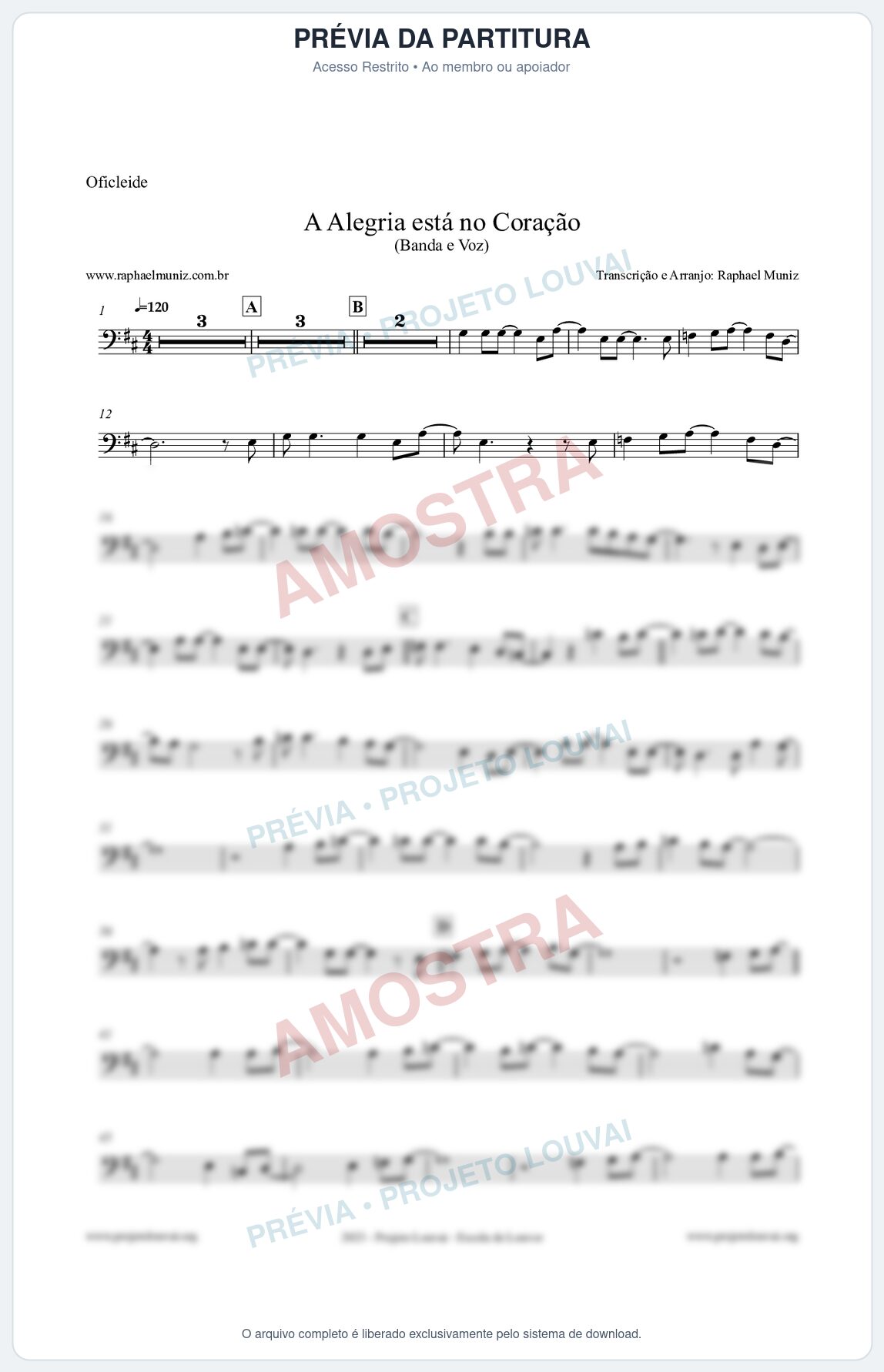 Prévia protegida da primeira página da partitura Partitura para Oficleide - A Alegria Está no Coração - Banda e Voz