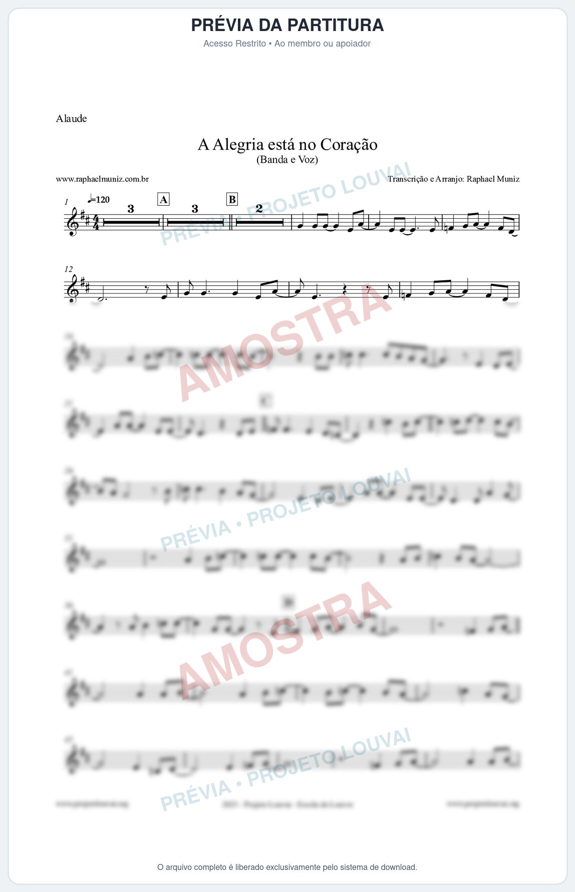 Prévia protegida da primeira página da partitura Partitura para Alaúde - A Alegria Está no Coração - Banda e Voz