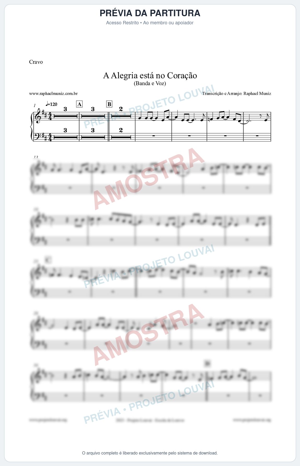 Prévia protegida da primeira página da partitura Partitura para Cravo - A Alegria Está no Coração - Banda e Voz