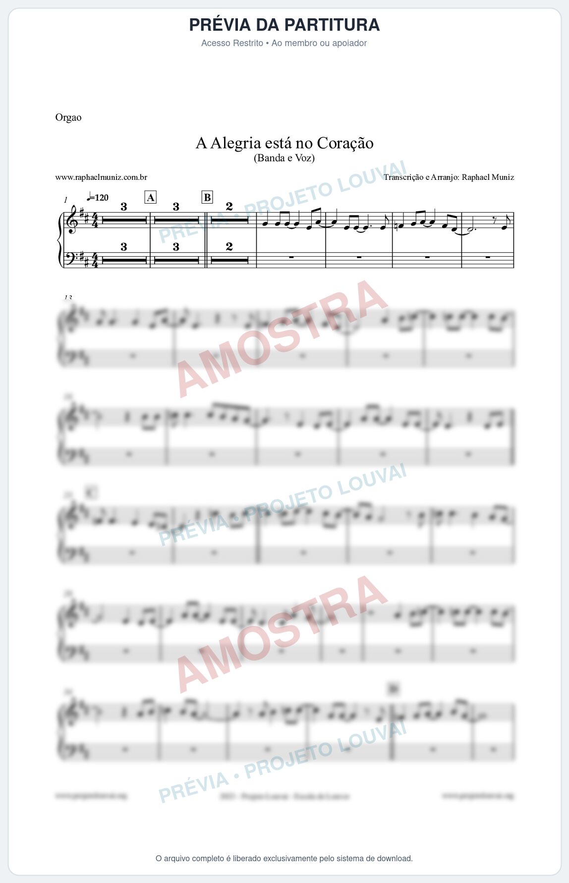 Prévia protegida da primeira página da partitura Partitura para Órgão - A Alegria Está no Coração - Banda e Voz