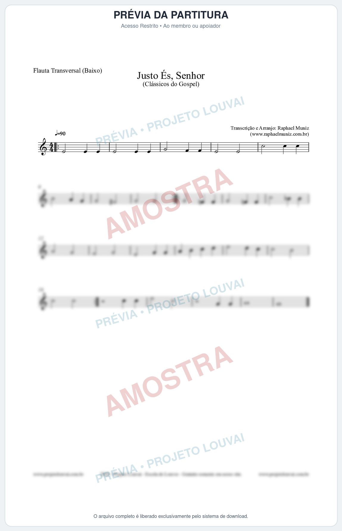 Prévia protegida da primeira página da partitura Partitura para Flauta Transversal (Baixo) - Justo És Senhor - Cantor Cristão nº2 - Clássicos do Gospel