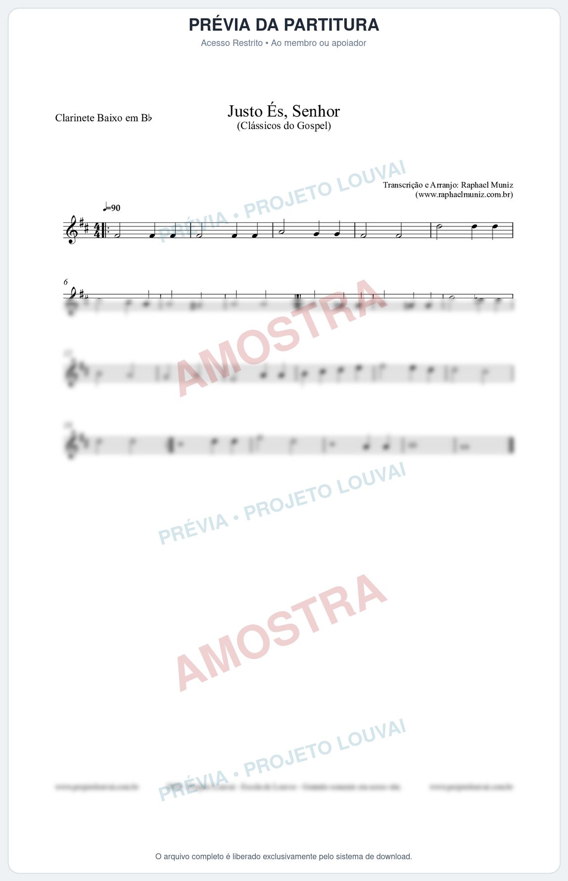 Prévia protegida da primeira página da partitura Partitura para Clarinete Baixo em Bb - Justo És Senhor - Cantor Cristão nº2 - Clássicos do Gospel