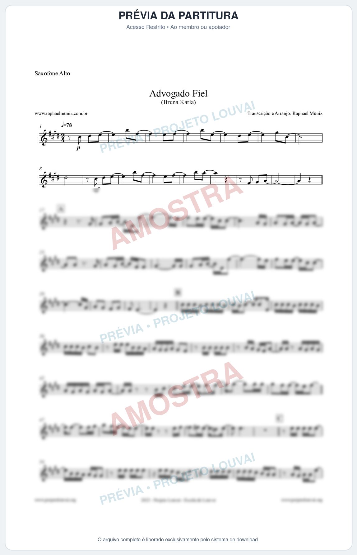 Prévia protegida da primeira página da partitura Partitura para Saxofone Alto - Advogado Fiel - Bruna Karla