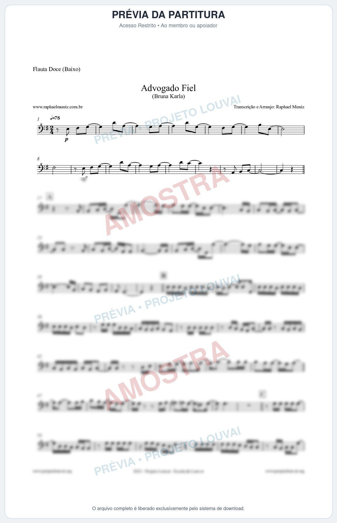 Prévia protegida da primeira página da partitura Partitura para Flauta Doce (Baixo) - Advogado Fiel - Bruna Karla