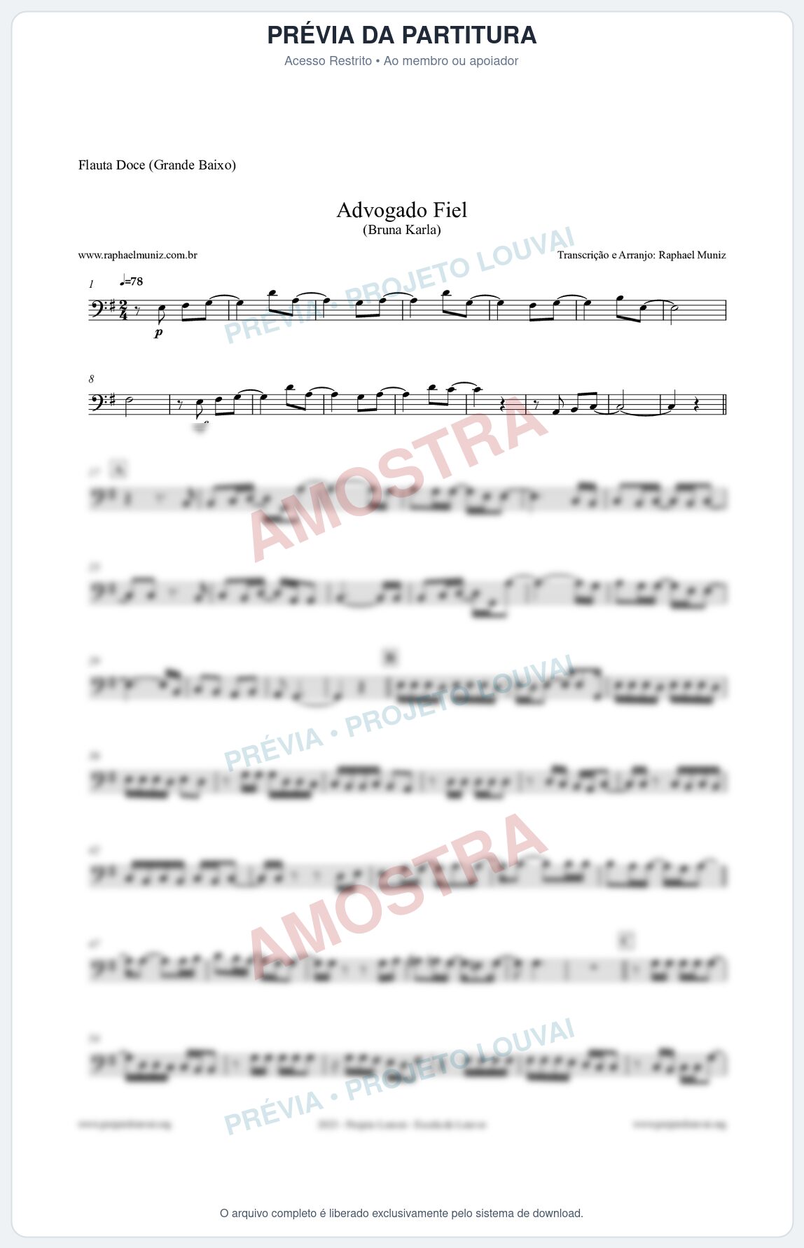 Prévia protegida da primeira página da partitura Partitura para Flauta Doce (Grande Baixo) - Advogado Fiel - Bruna Karla