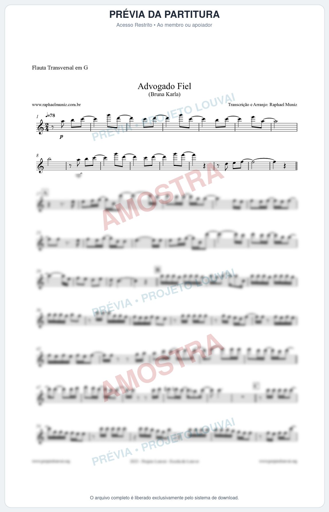 Prévia protegida da primeira página da partitura Partitura para Flauta Transversal em G - Advogado Fiel - Bruna Karla