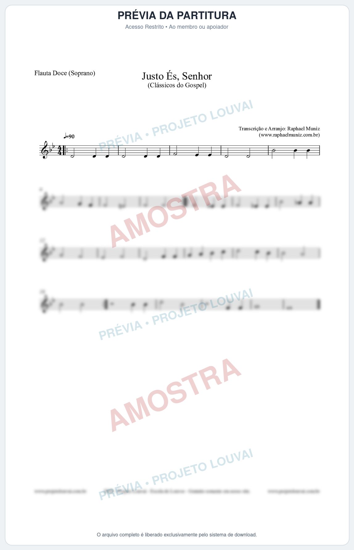 Prévia protegida da primeira página da partitura Partitura para Flauta Doce (Soprano) - Justo És Senhor - Cantor Cristão nº2 - Clássicos do Gospel