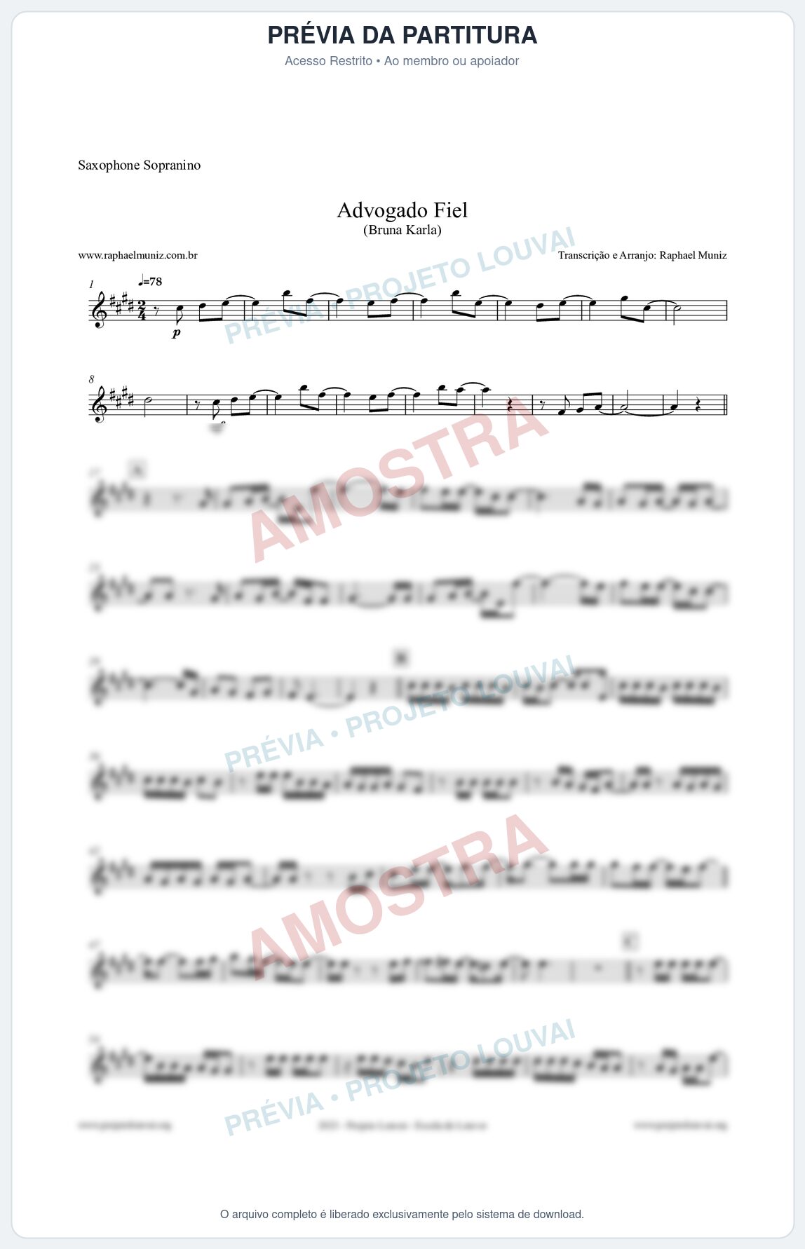 Prévia protegida da primeira página da partitura Partitura para Saxophone Sopranino - Advogado Fiel - Bruna Karla