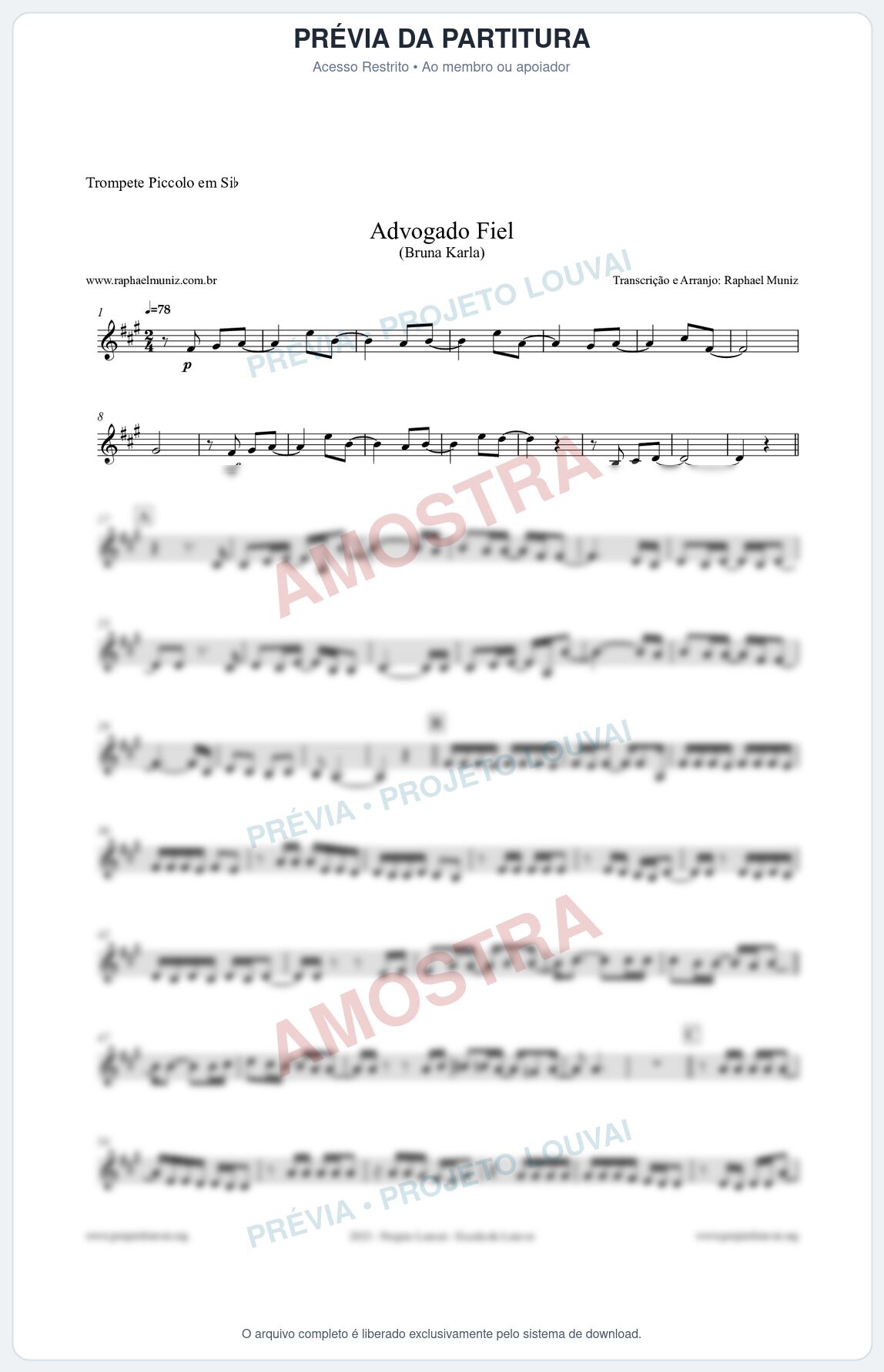 Prévia protegida da primeira página da partitura Partitura para Trompete Piccolo em Sib - Advogado Fiel - Bruna Karla