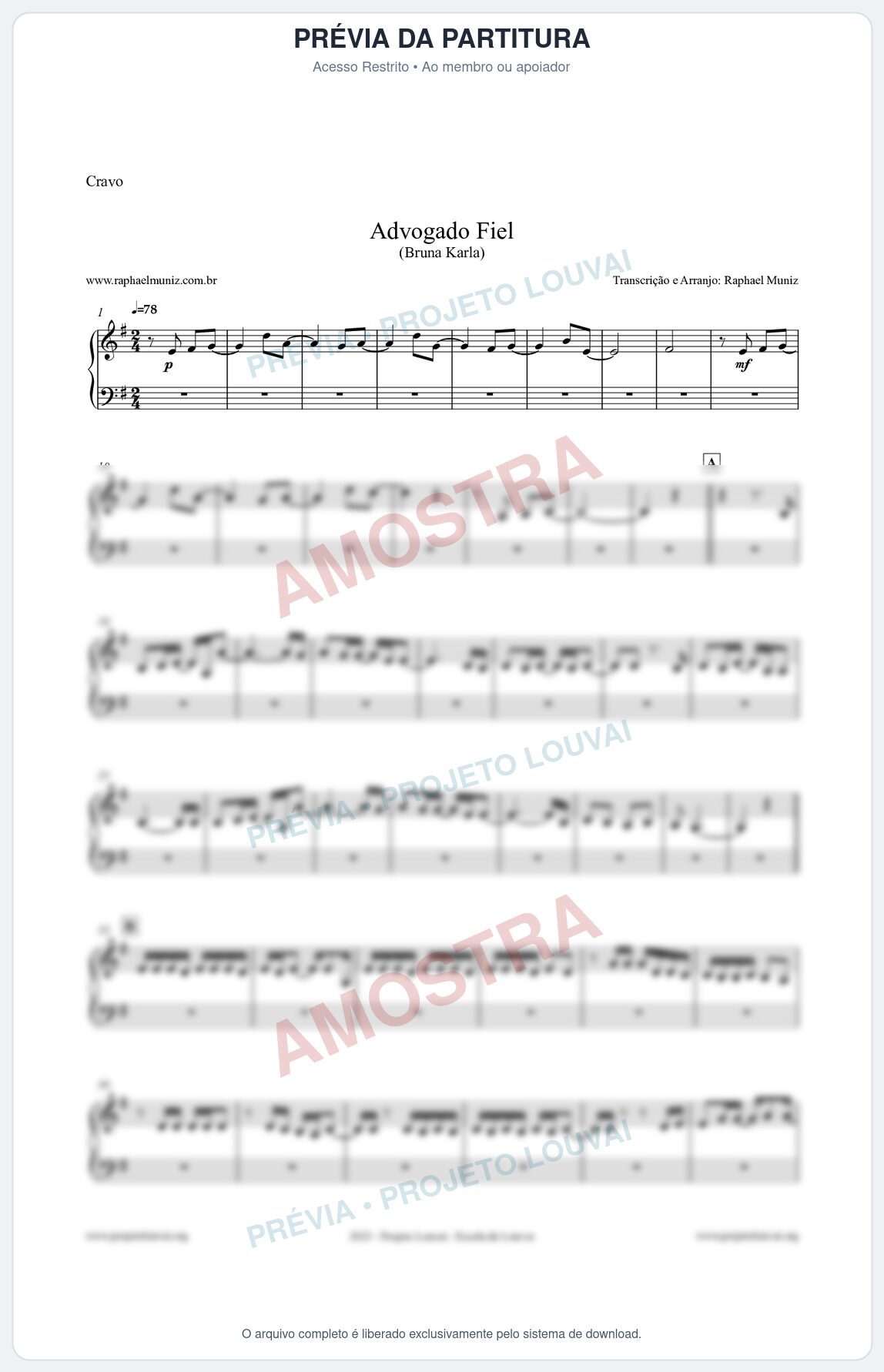 Prévia protegida da primeira página da partitura Partitura para Cravo - Advogado Fiel - Bruna Karla