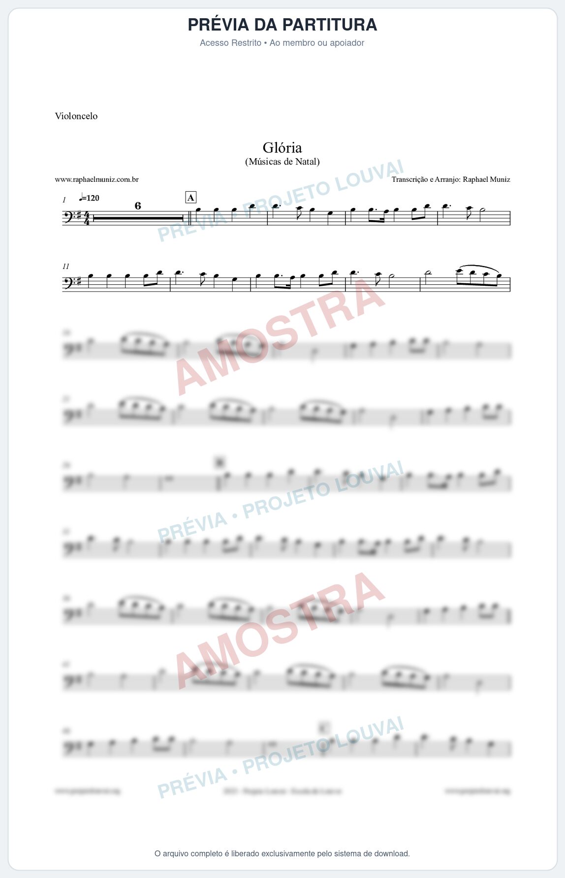 Prévia protegida da primeira página da partitura Partitura para Violoncelo - Glória - Músicas de Natal