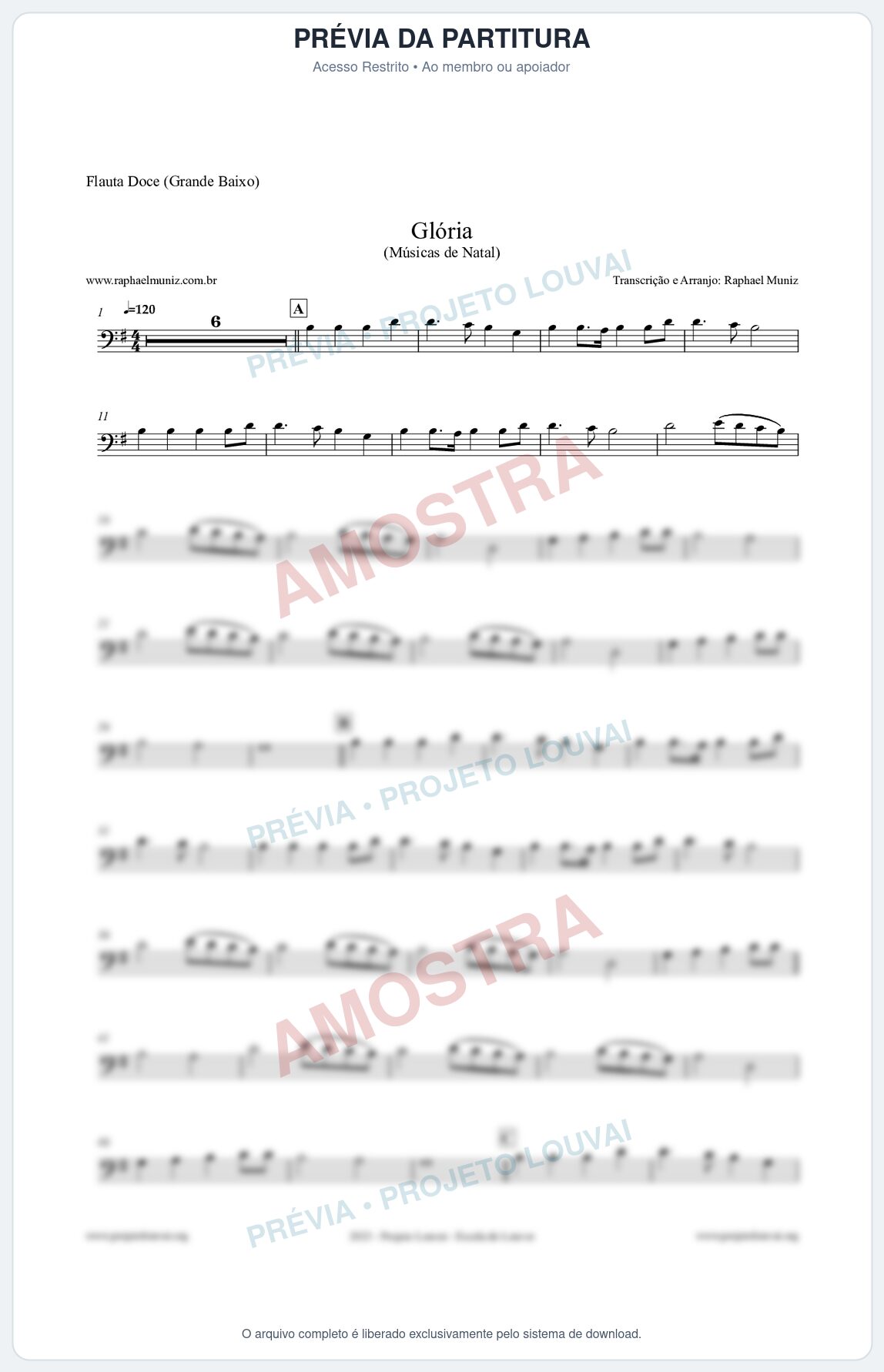 Prévia protegida da primeira página da partitura Partitura para Flauta Doce (Grande Baixo) - Glória - Músicas de Natal