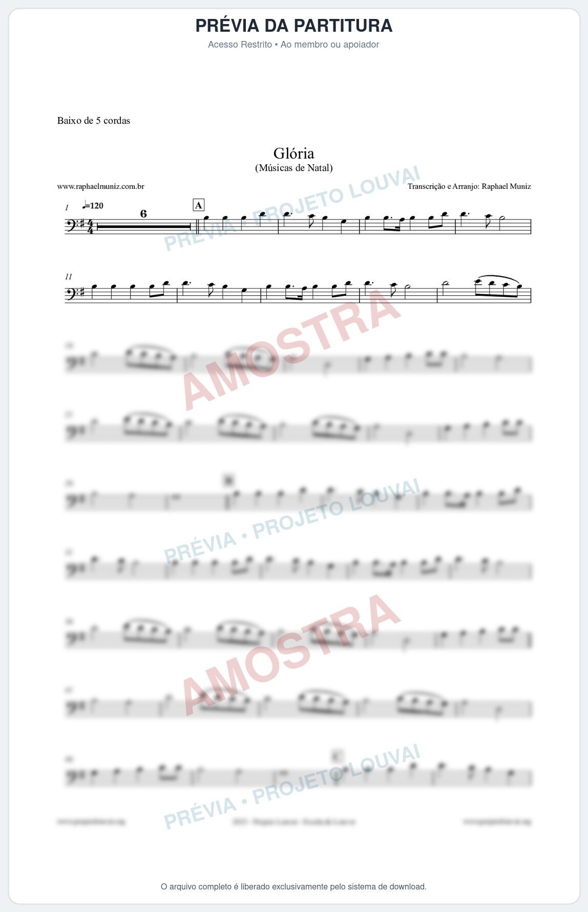 Prévia protegida da primeira página da partitura Partitura para Baixo de 5 cordas - Glória - Músicas de Natal